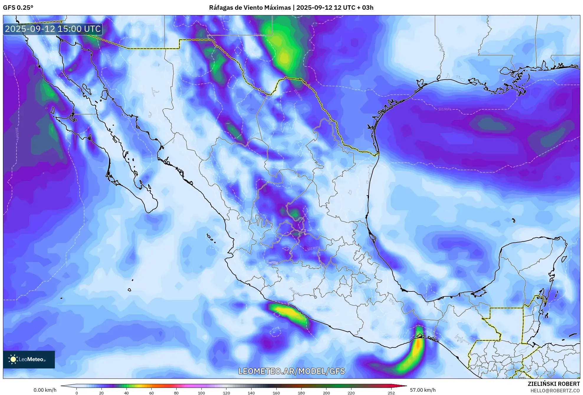 GFS model - México, Ráfagas de Viento Máximas