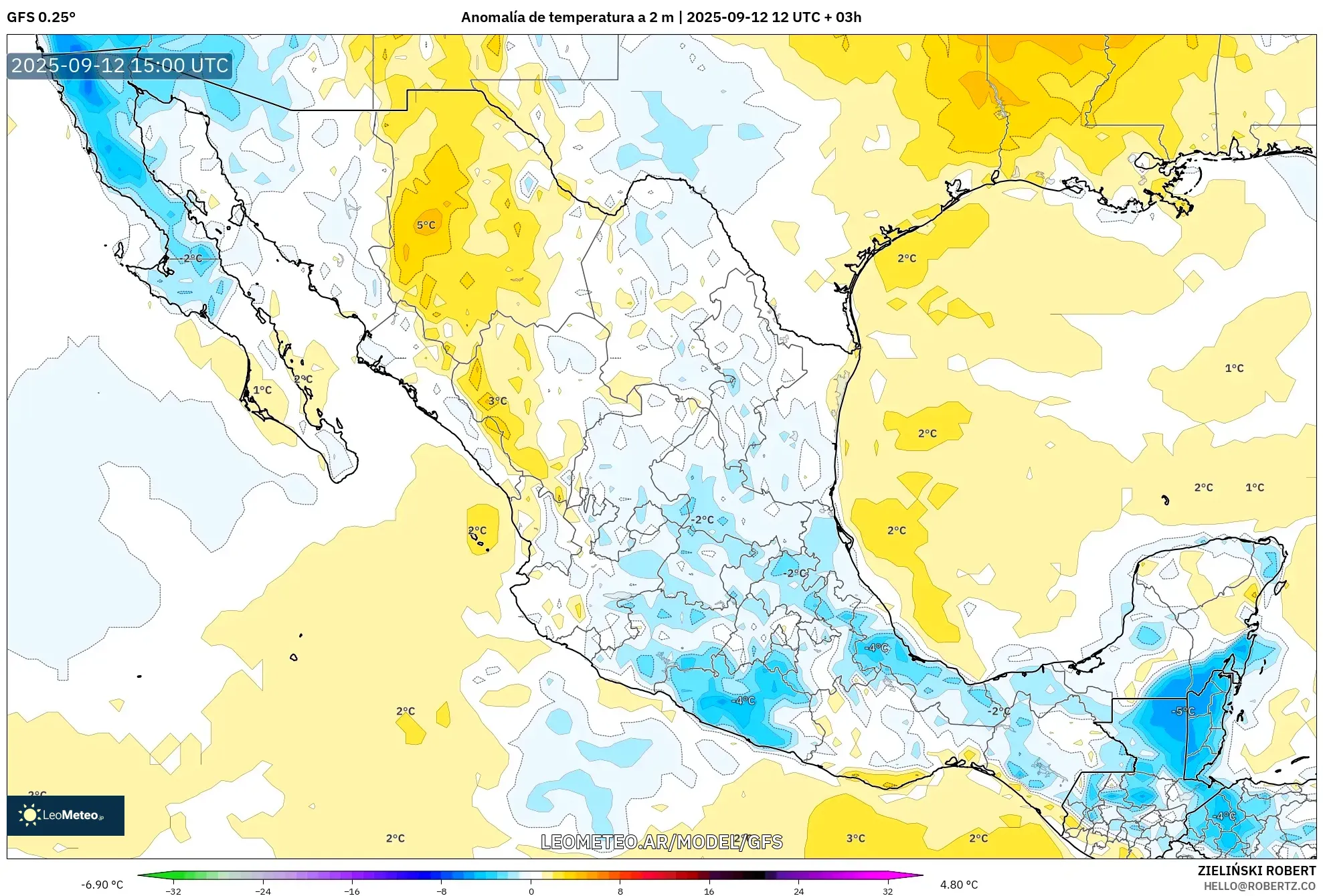 GFS model - México, Anomalía de temperatura a 2 m GFS model - México, Anomalía de temperatura a 2 m