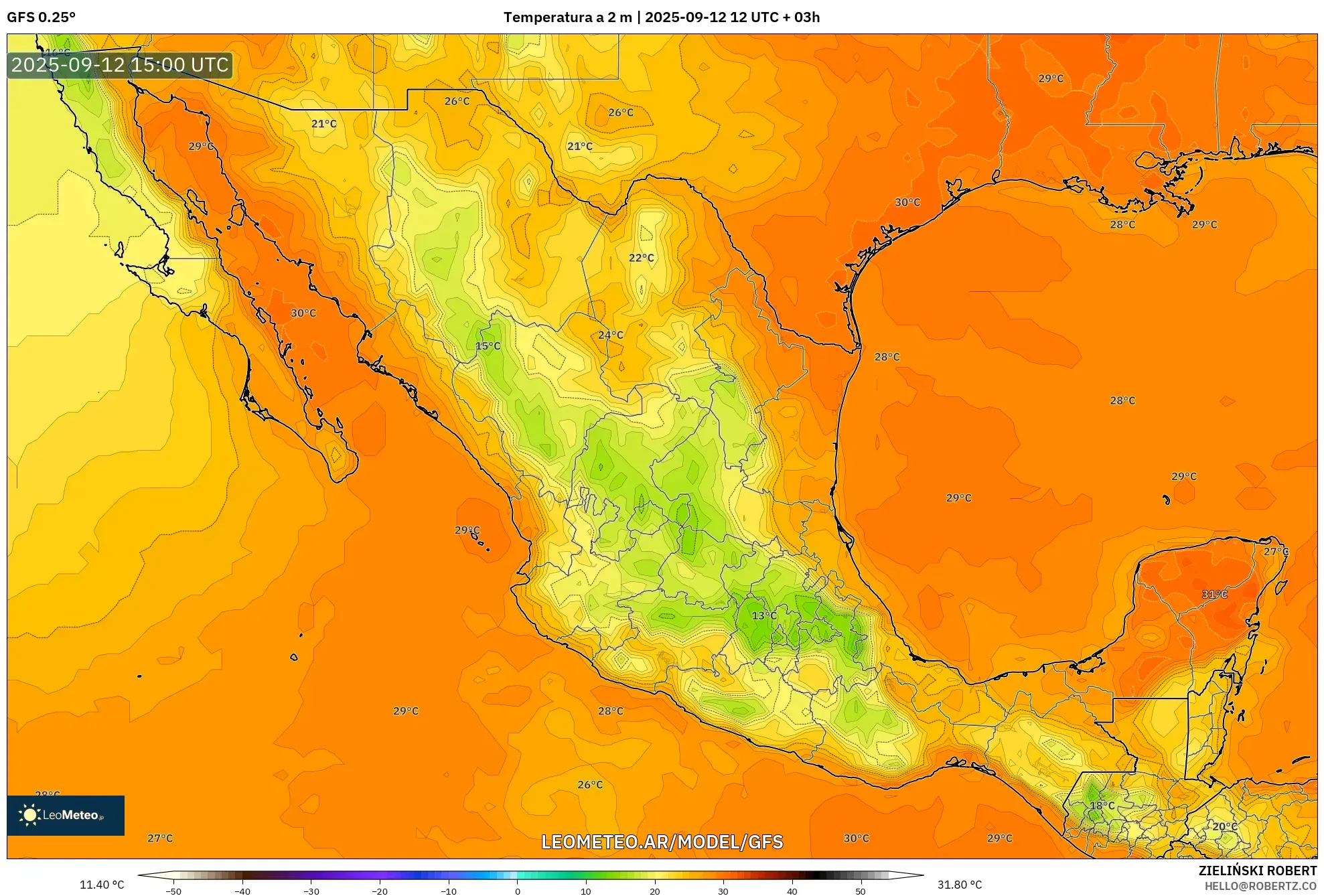 GFS model - México, Temperatura a 2 m GFS model - México, Temperatura a 2 m