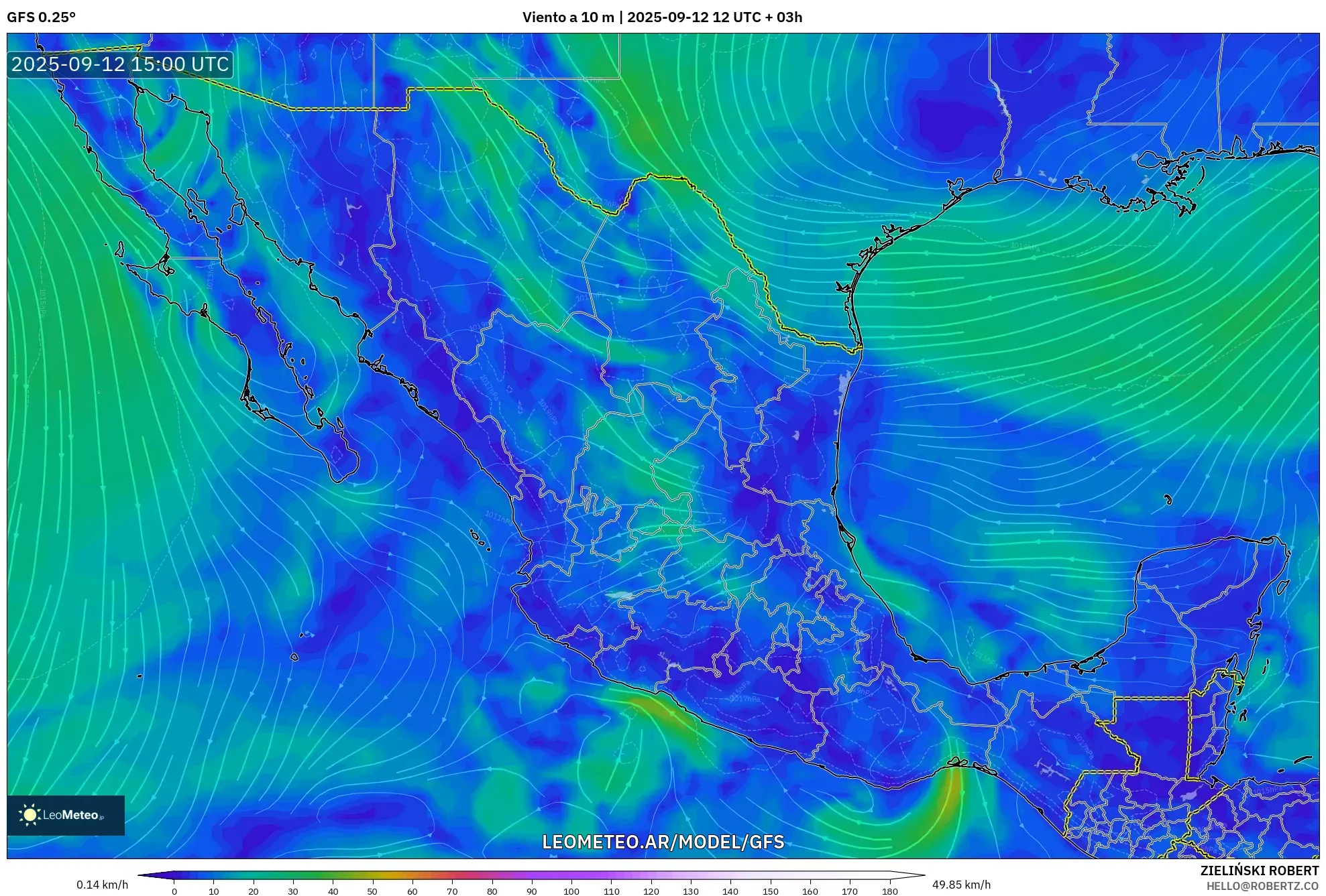GFS model - México, Viento a 10 m