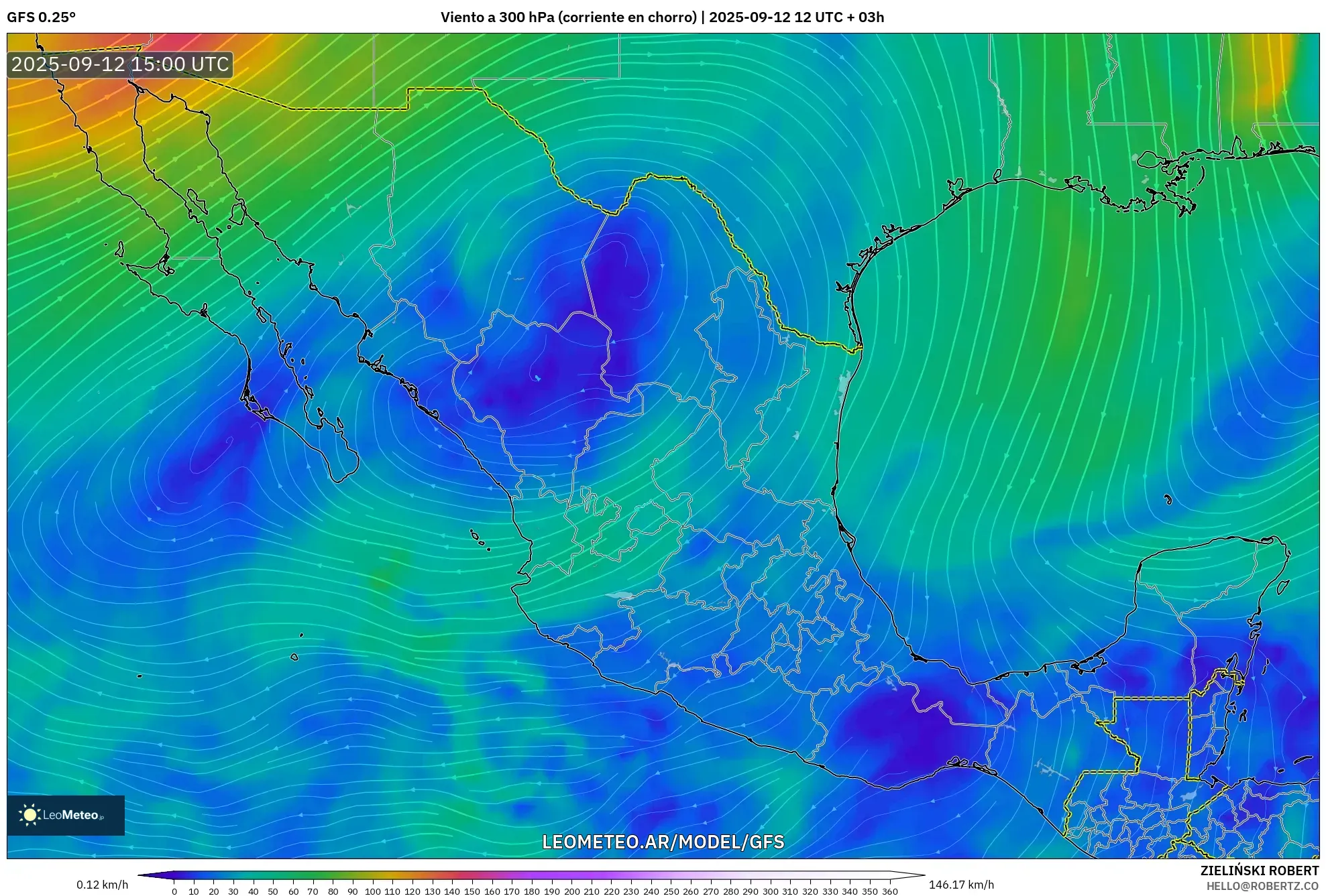 GFS model - México, Viento a 300 hPa (corriente en chorro)