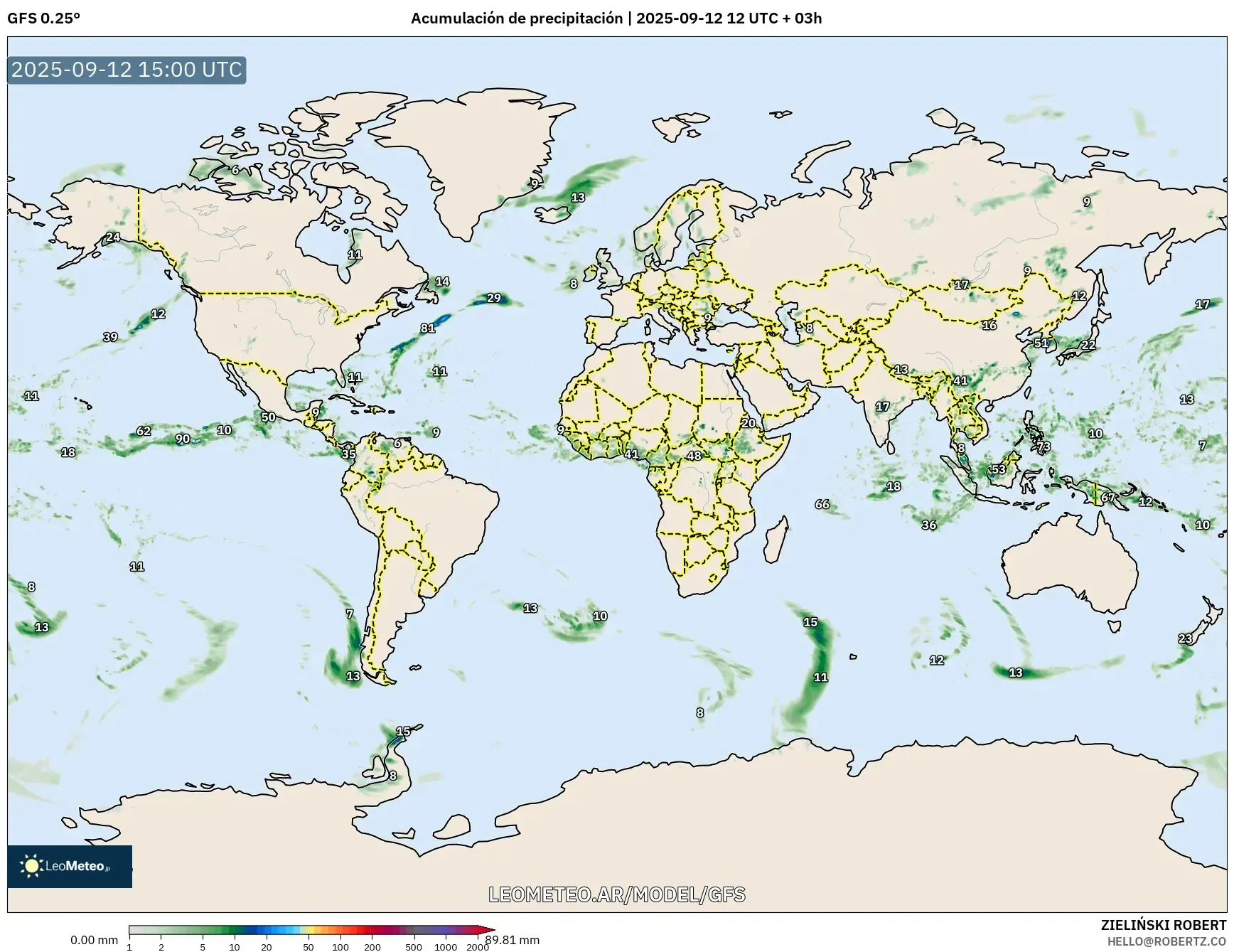 GFS model - Mundo, Acumulación de precipitación