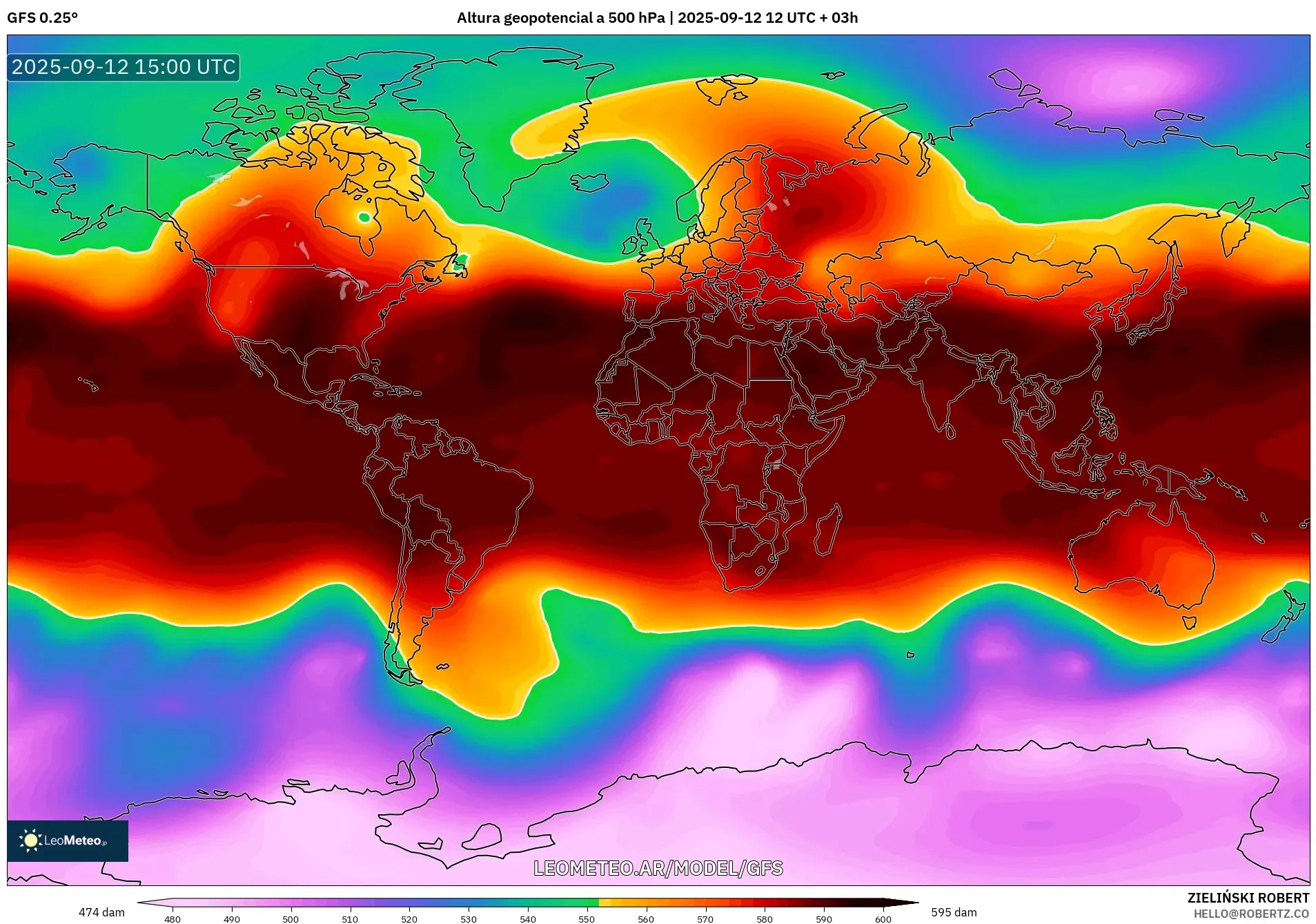 GFS model - Mundo, Altura geopotencial a 500 hPa GFS model - Mundo, Altura geopotencial a 500 hPa