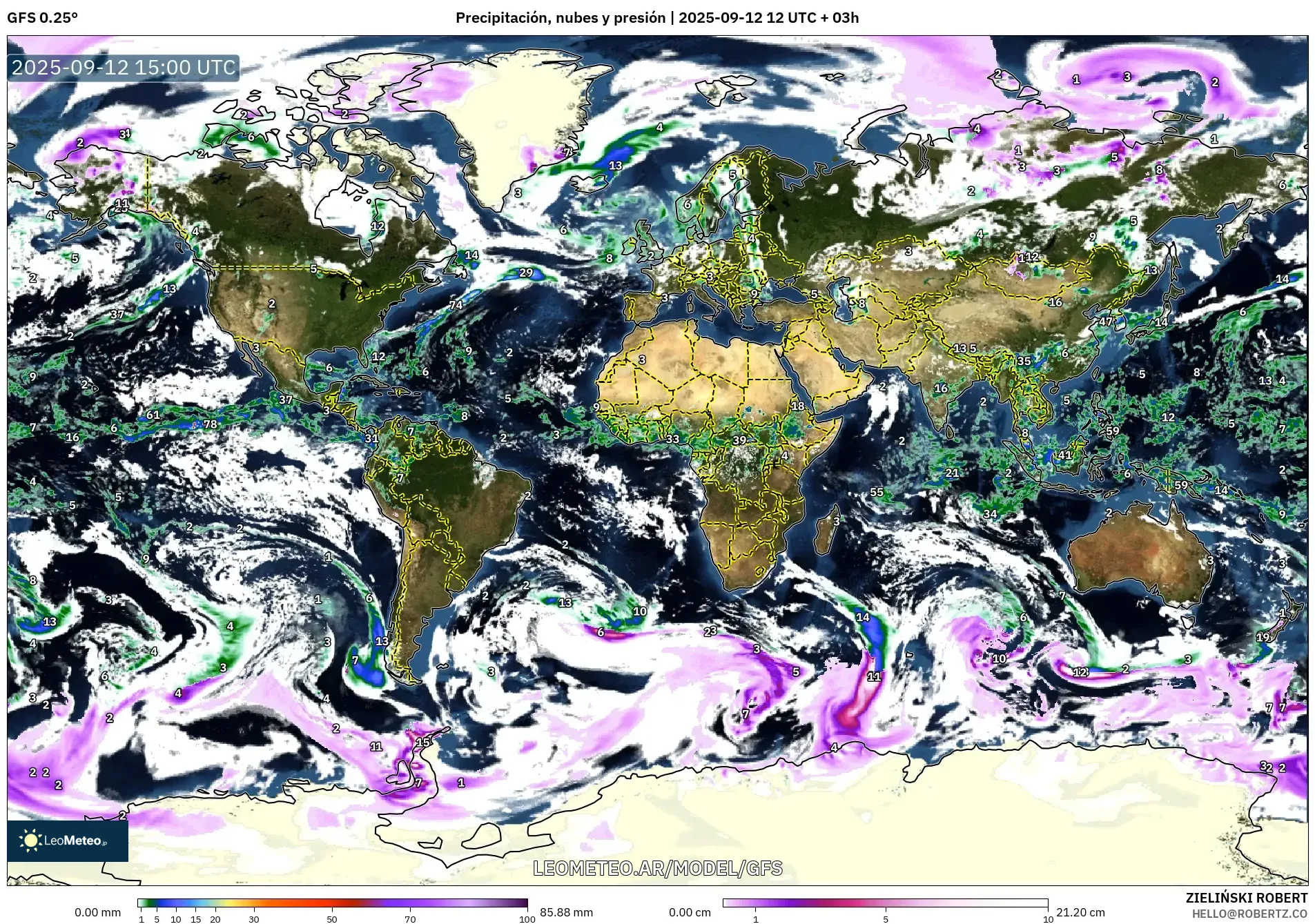 GFS model - Mundo, Precipitación, nubes y presión GFS model - Mundo, Precipitación, nubes y presión