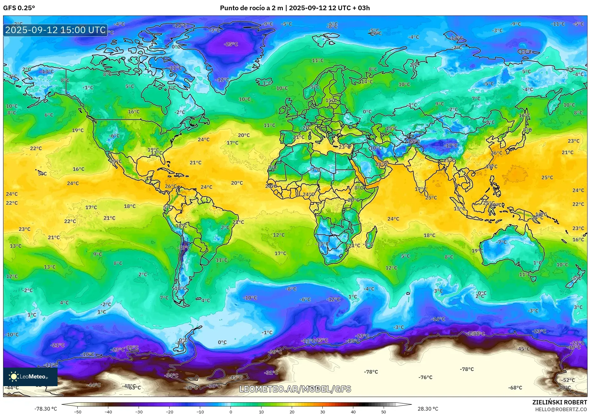 GFS model - Mundo, Punto de rocío a 2 m