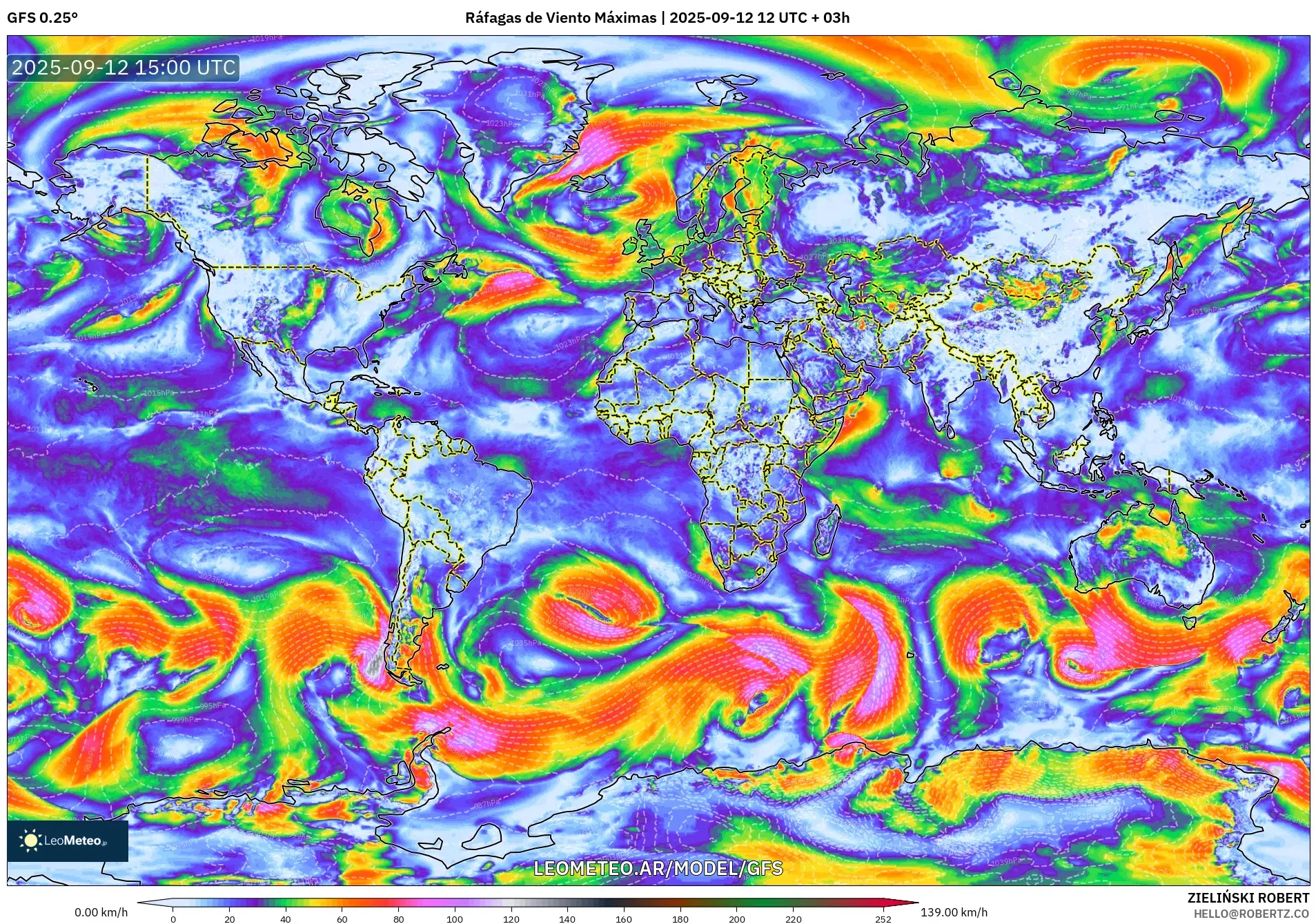 GFS model - Mundo, Ráfagas de Viento Máximas GFS model - Mundo, Ráfagas de Viento Máximas