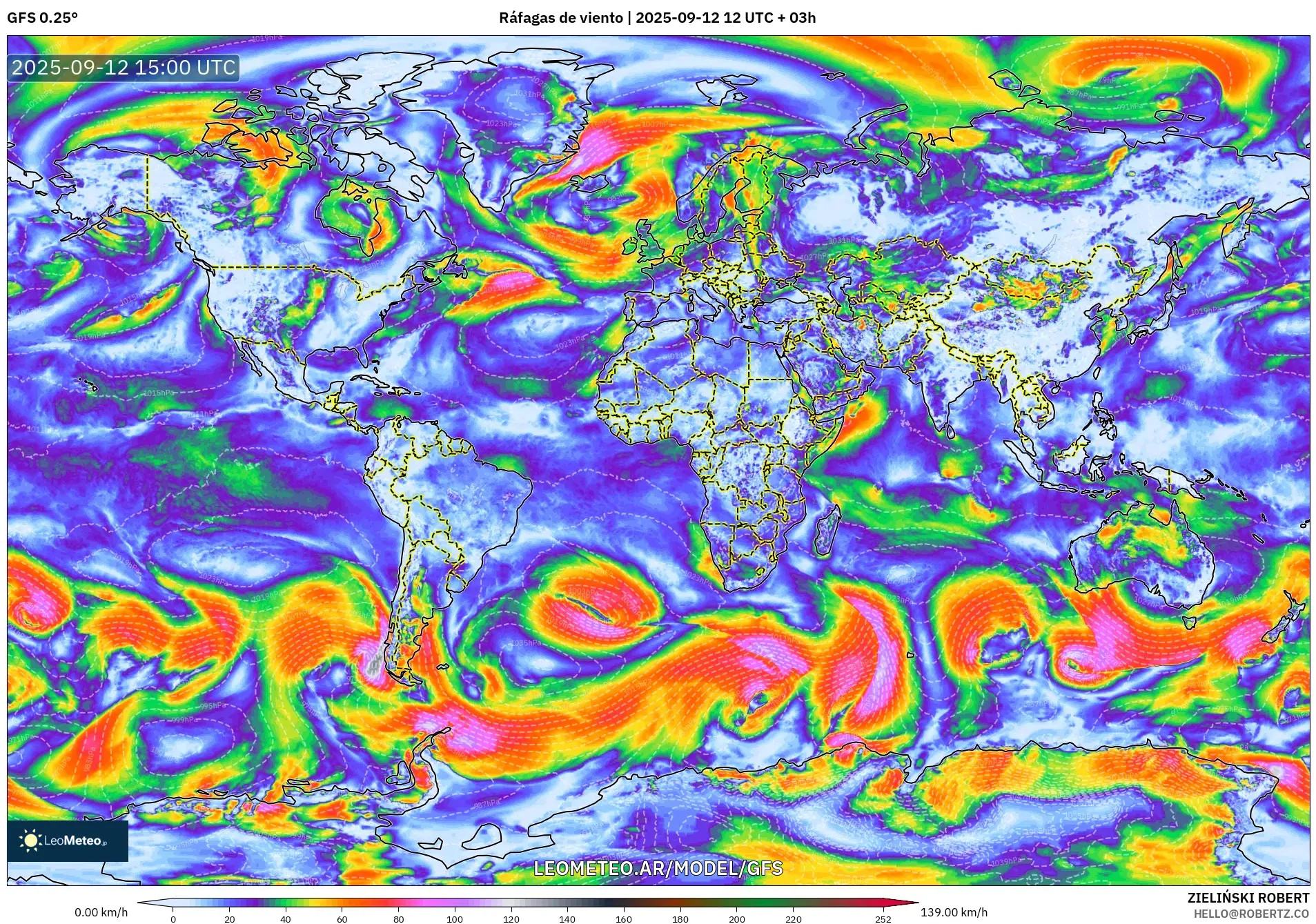 GFS model - Mundo, Ráfagas de viento GFS model - Mundo, Ráfagas de viento