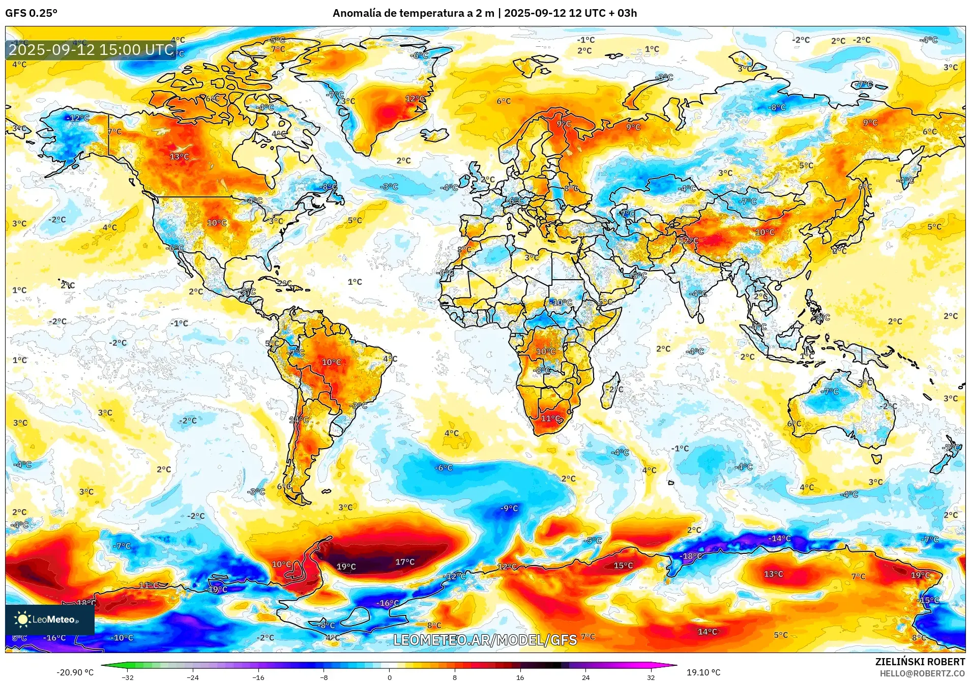 GFS model - Mundo, Anomalía de temperatura a 2 m