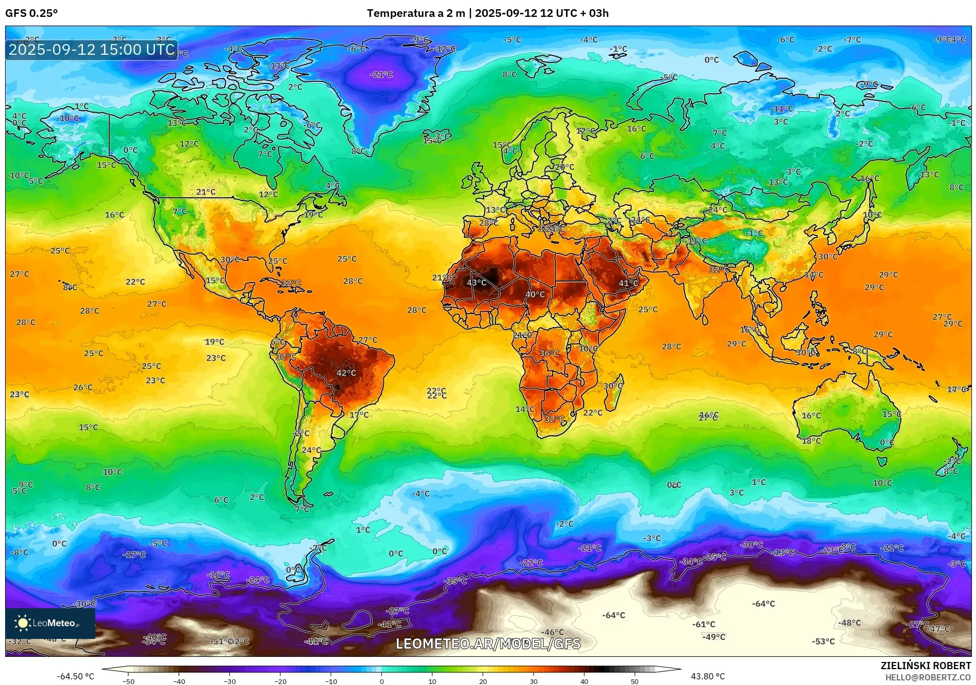 GFS model - Mundo, Temperatura a 2 m GFS model - Mundo, Temperatura a 2 m