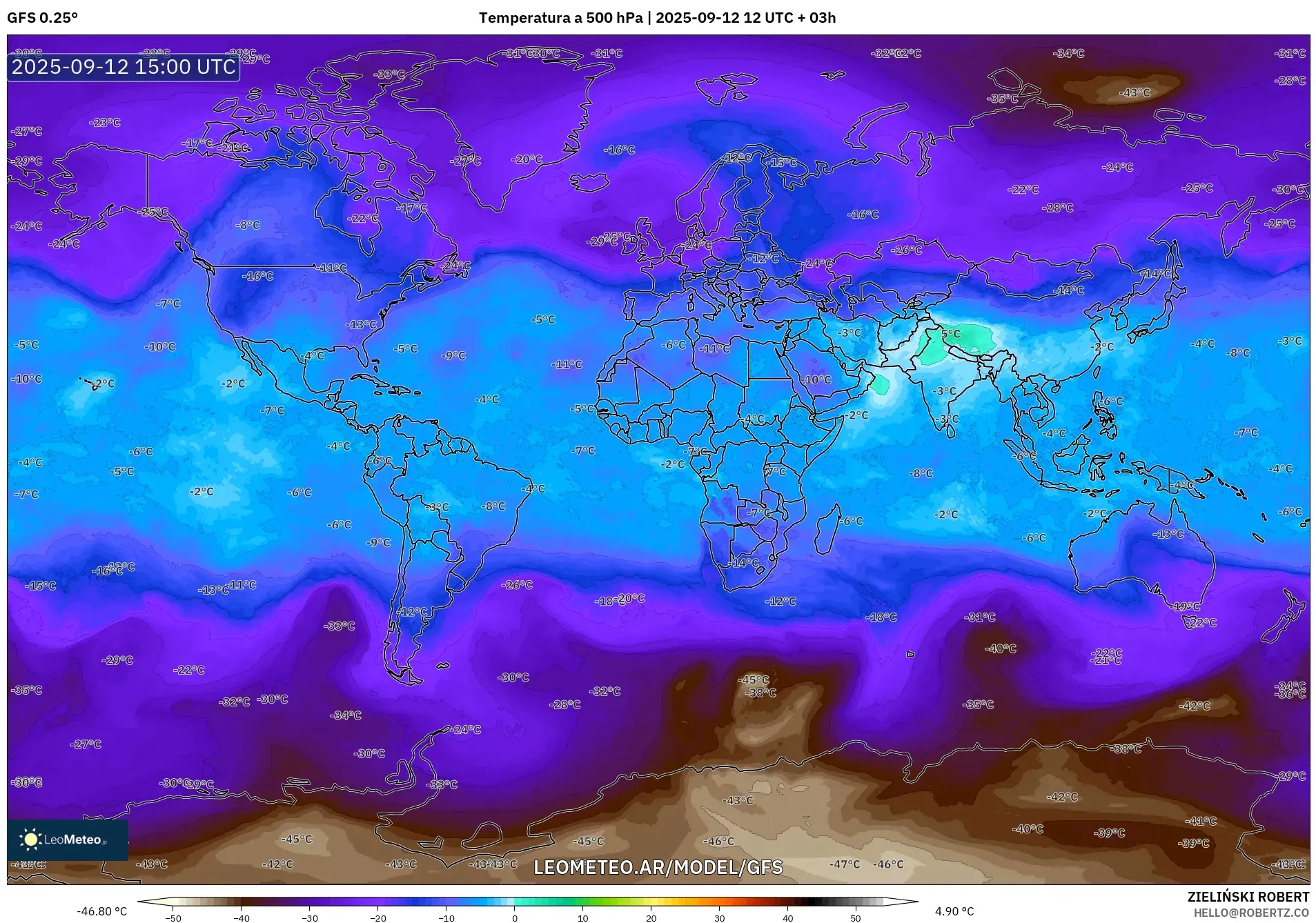 GFS model - Mundo, Temperatura a 500 hPa GFS model - Mundo, Temperatura a 500 hPa
