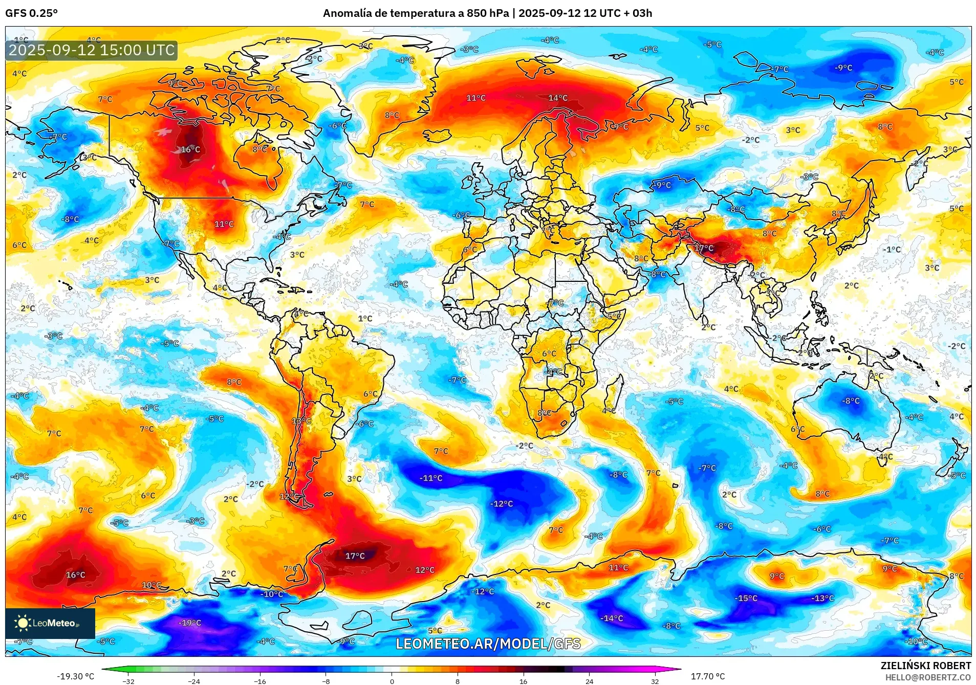 GFS model - Mundo, Anomalía de temperatura a 850 hPa GFS model - Mundo, Anomalía de temperatura a 850 hPa