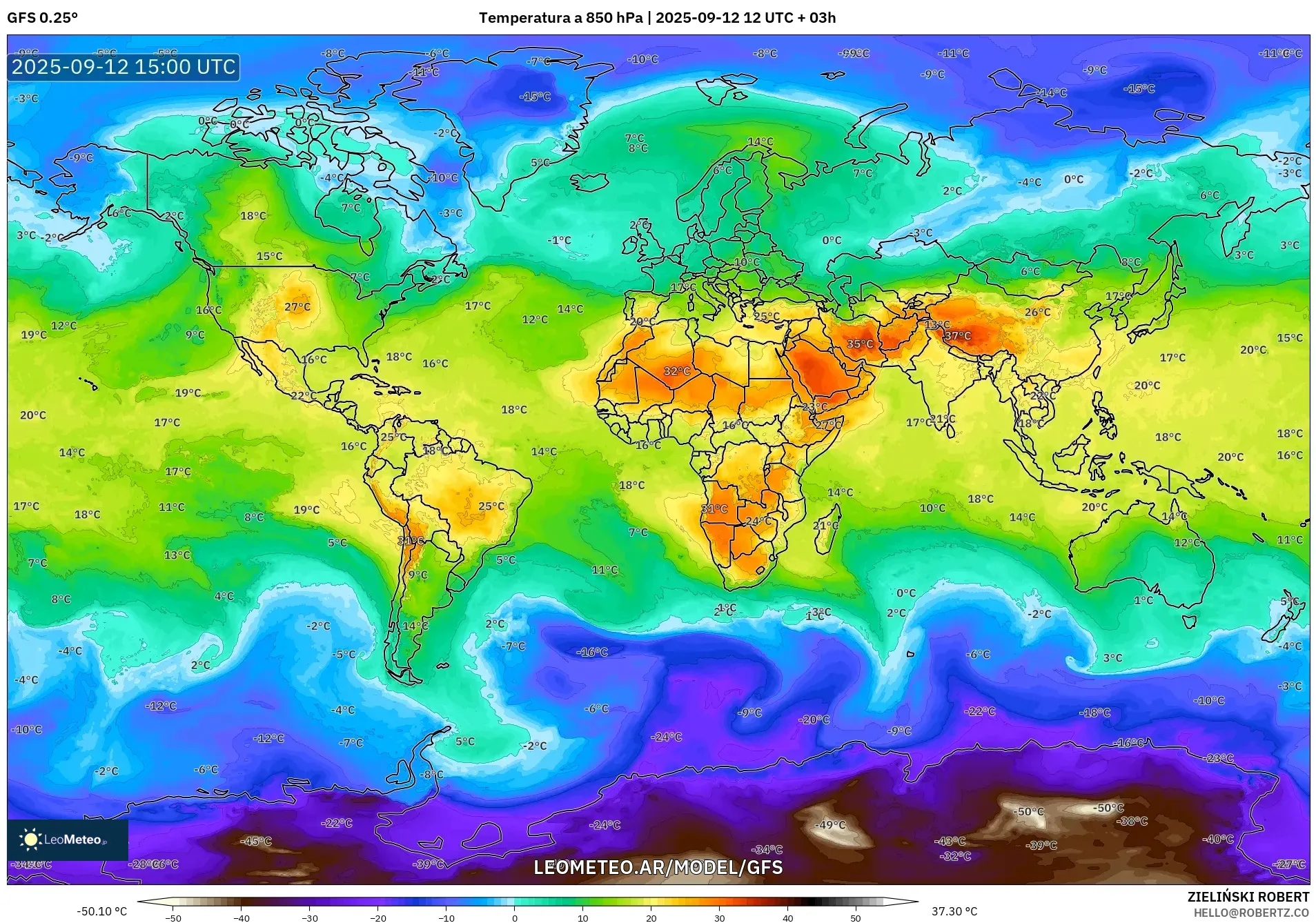 GFS model - Mundo, Temperatura a 850 hPa GFS model - Mundo, Temperatura a 850 hPa