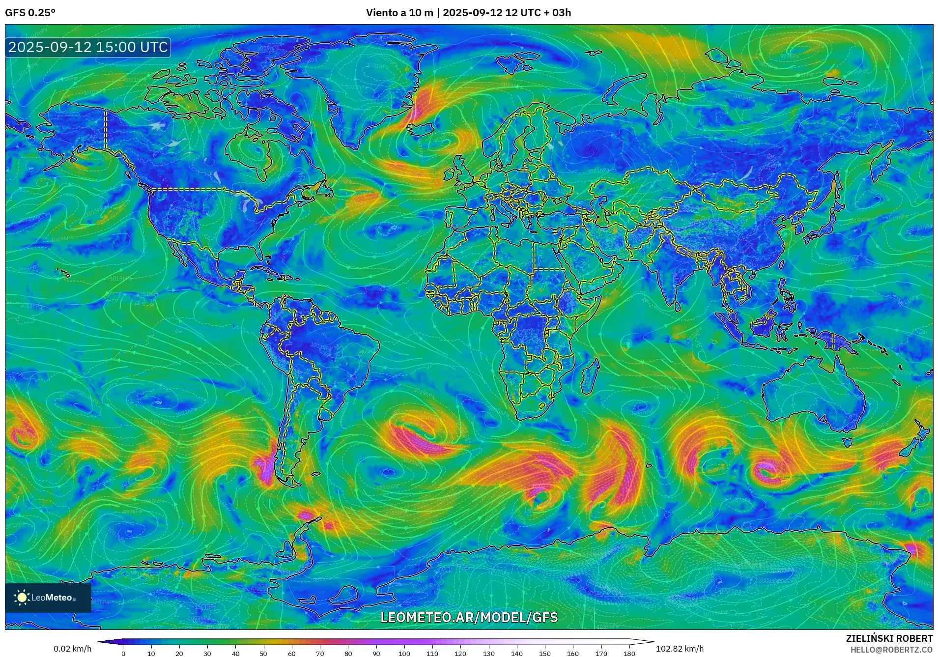 GFS model - Mundo, Viento a 10 m GFS model - Mundo, Viento a 10 m