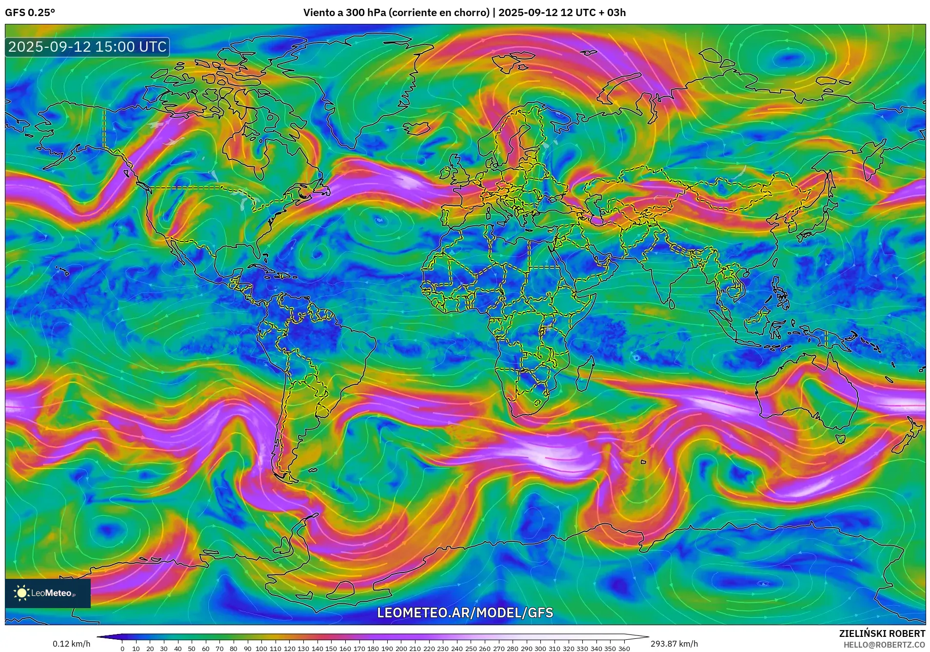 GFS model - Mundo, Viento a 300 hPa (corriente en chorro)
