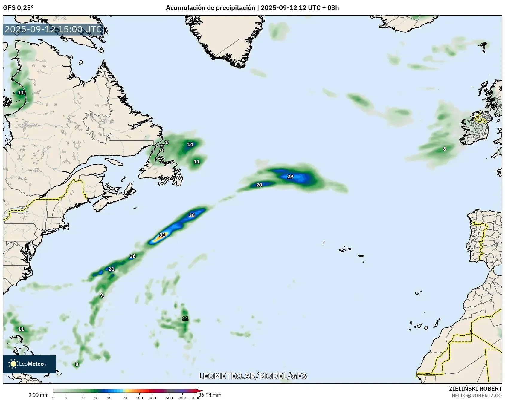 GFS model - Norte Atlántico, Acumulación de precipitación GFS model - Norte Atlántico, Acumulación de precipitación