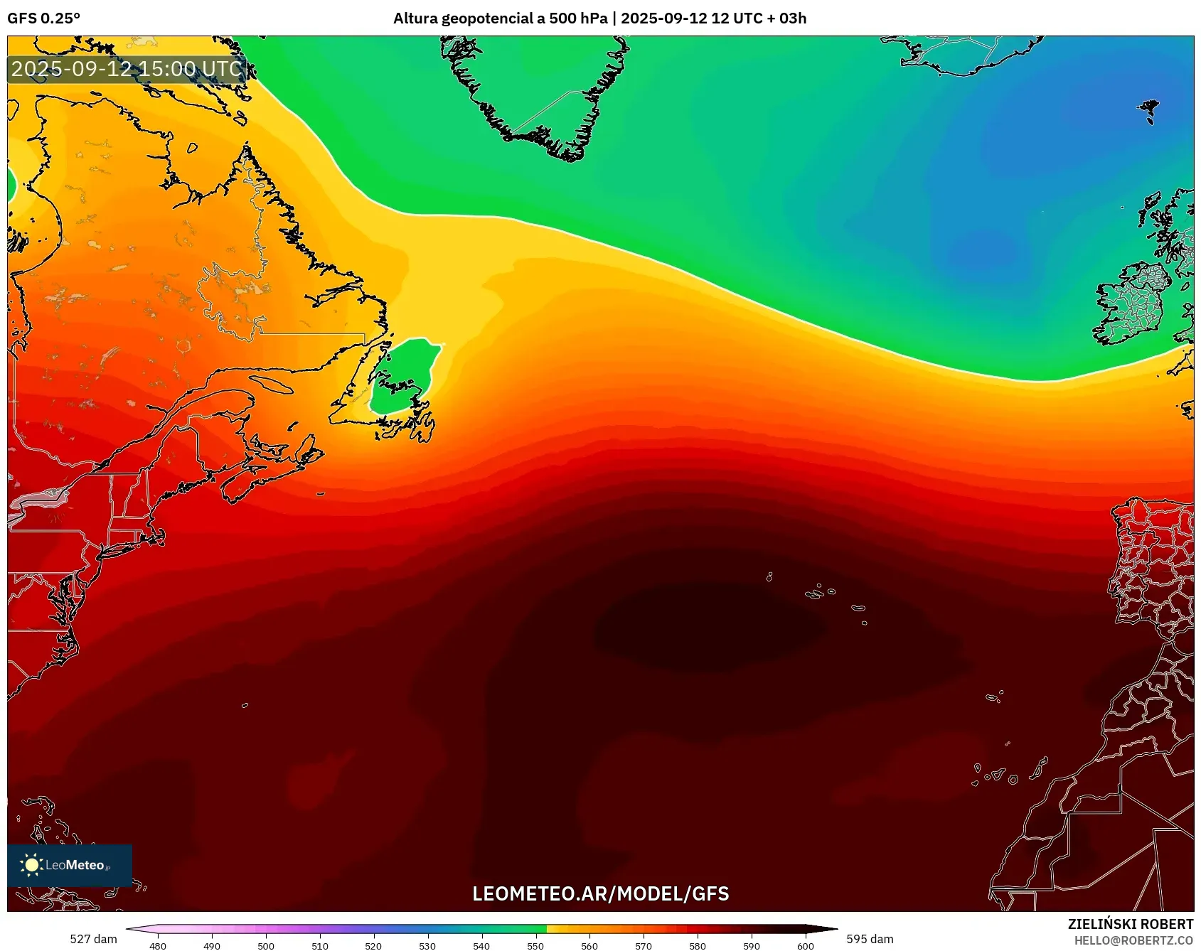 GFS model - Norte Atlántico, Altura geopotencial a 500 hPa