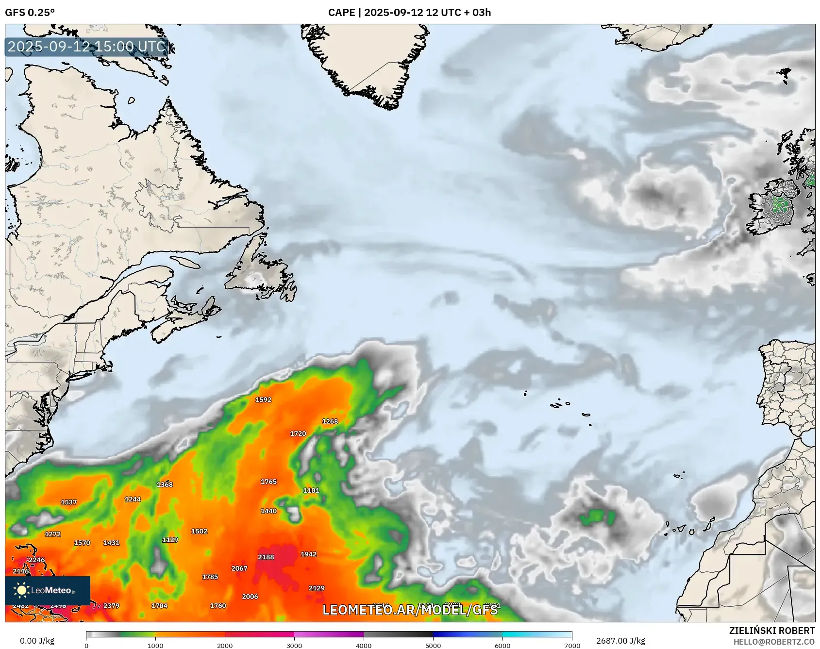GFS model - Norte Atlántico, CAPE