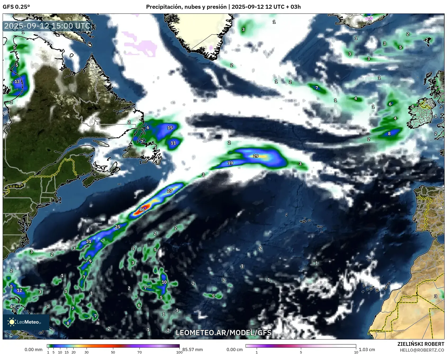 GFS model - Norte Atlántico, Precipitación, nubes y presión