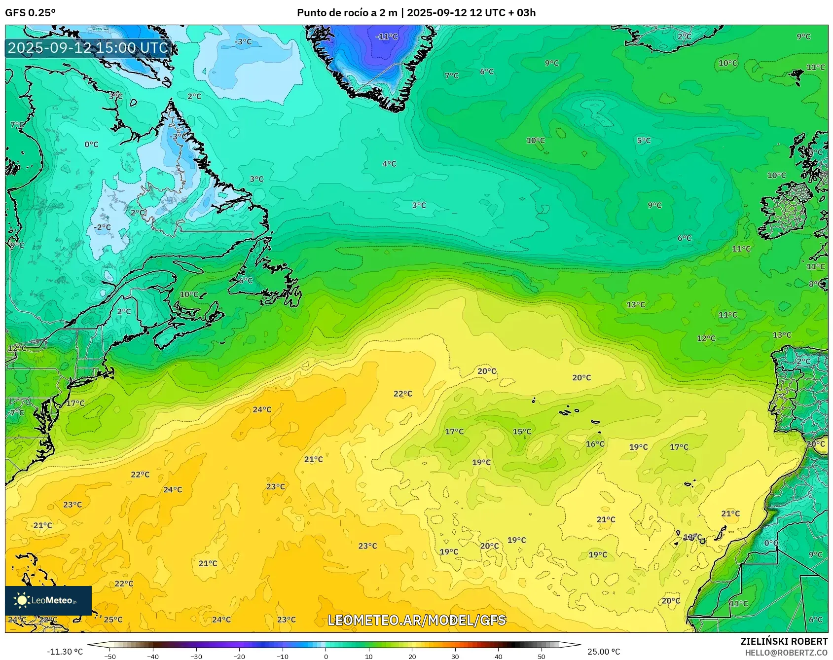 GFS model - Norte Atlántico, Punto de rocío a 2 m GFS model - Norte Atlántico, Punto de rocío a 2 m