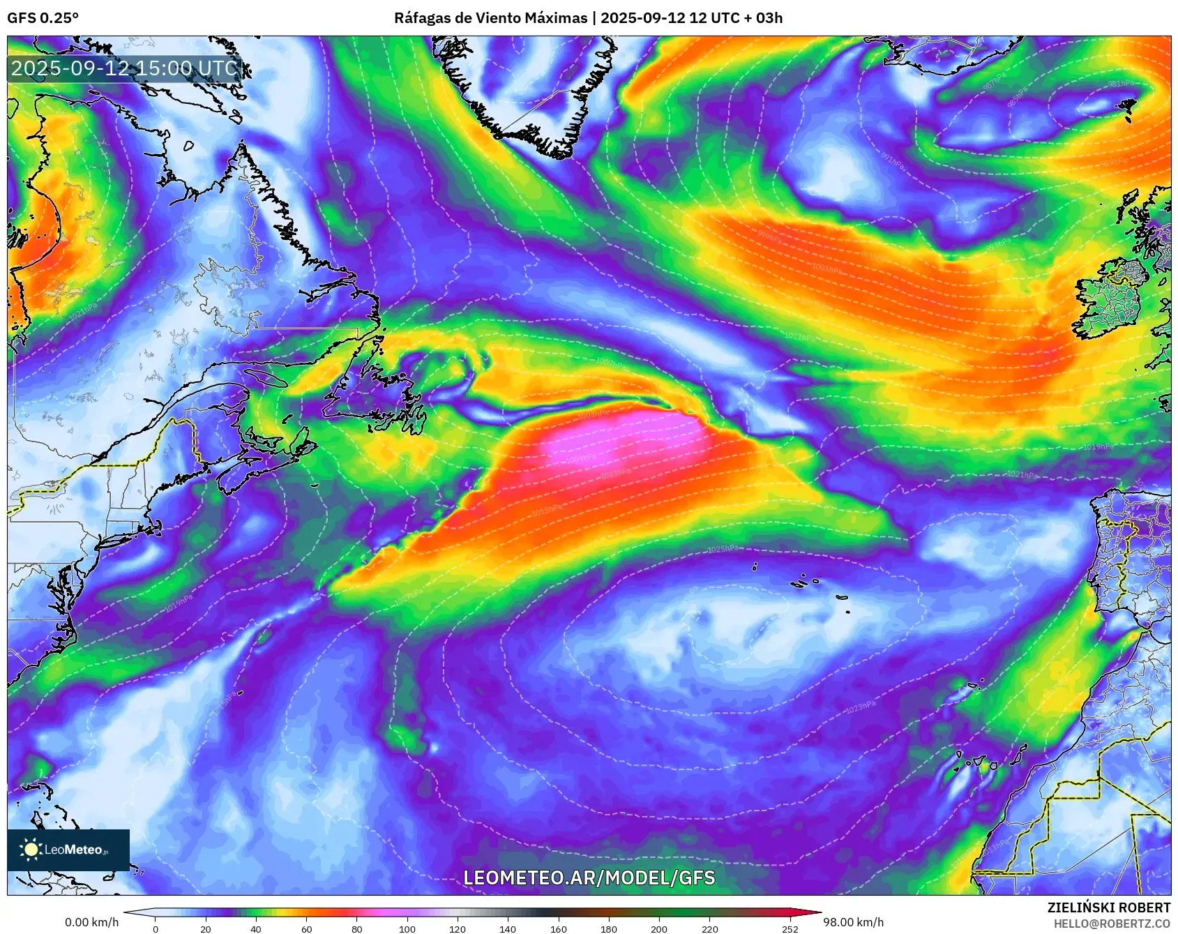 GFS model - Norte Atlántico, Ráfagas de Viento Máximas GFS model - Norte Atlántico, Ráfagas de Viento Máximas