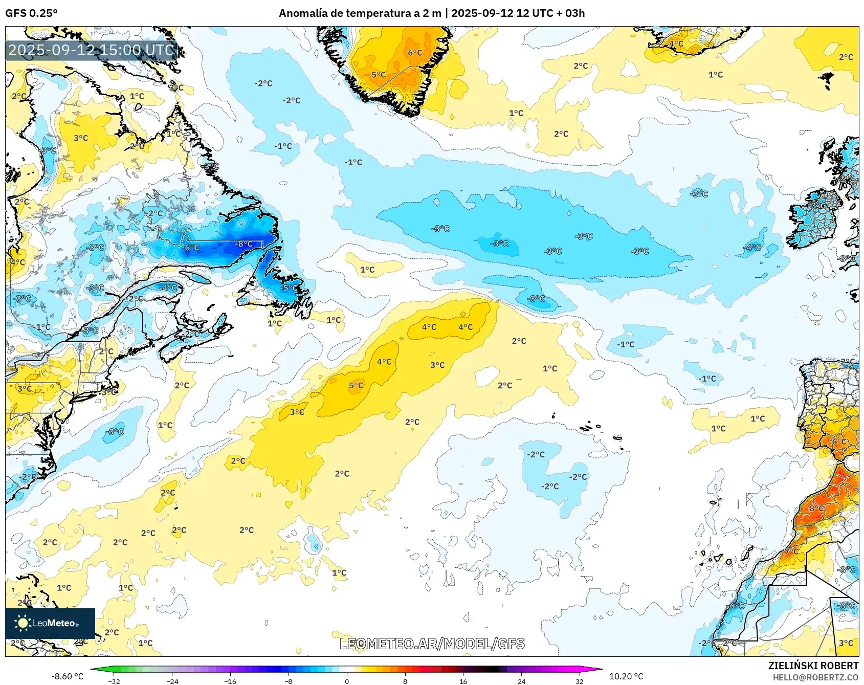 GFS model - Norte Atlántico, Anomalía de temperatura a 2 m GFS model - Norte Atlántico, Anomalía de temperatura a 2 m