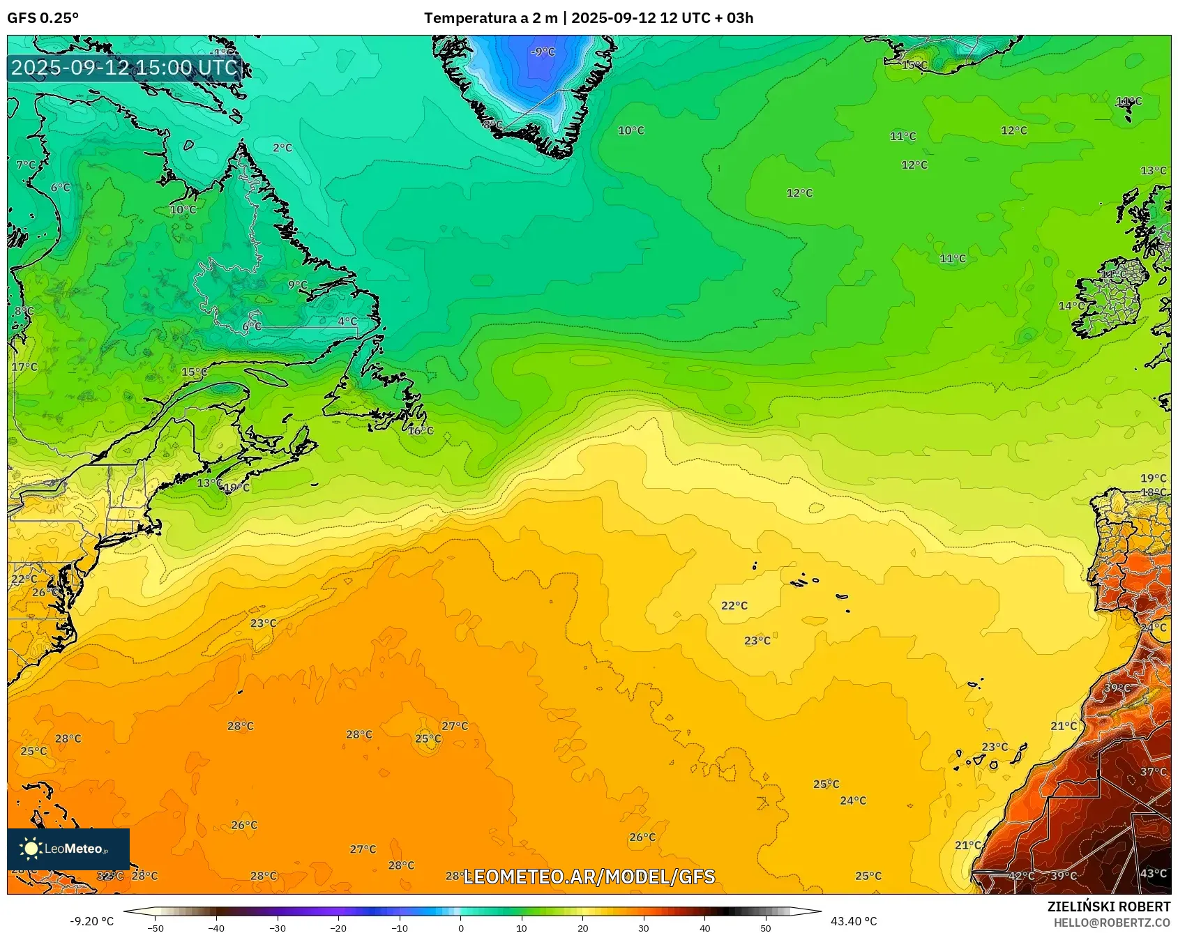 GFS model - Norte Atlántico, Temperatura a 2 m GFS model - Norte Atlántico, Temperatura a 2 m