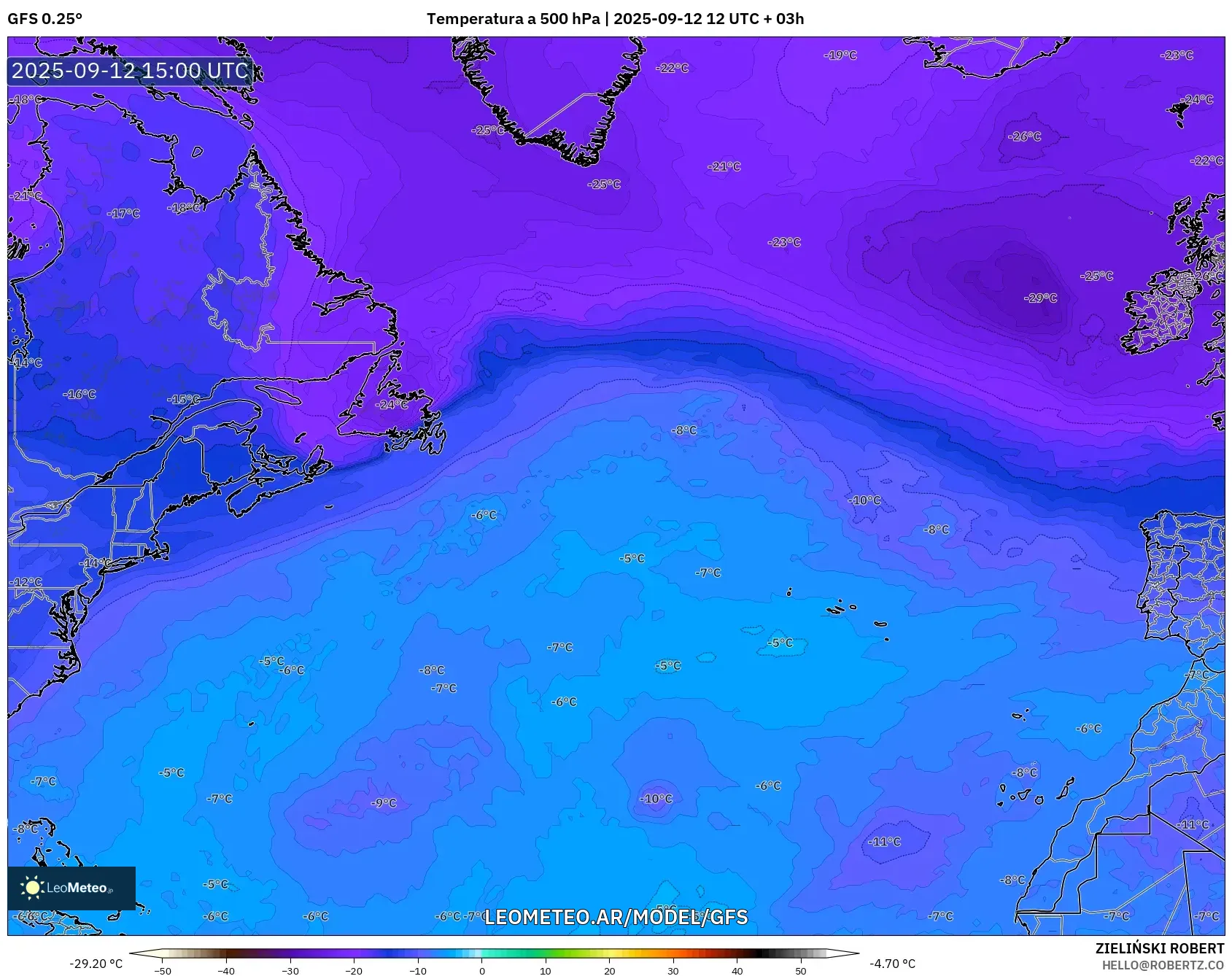 GFS model - Norte Atlántico, Temperatura a 500 hPa GFS model - Norte Atlántico, Temperatura a 500 hPa