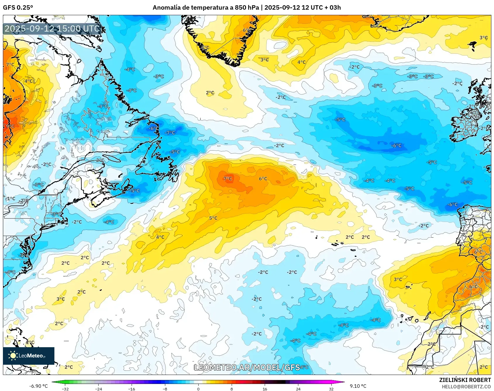GFS model - Norte Atlántico, Anomalía de temperatura a 850 hPa GFS model - Norte Atlántico, Anomalía de temperatura a 850 hPa