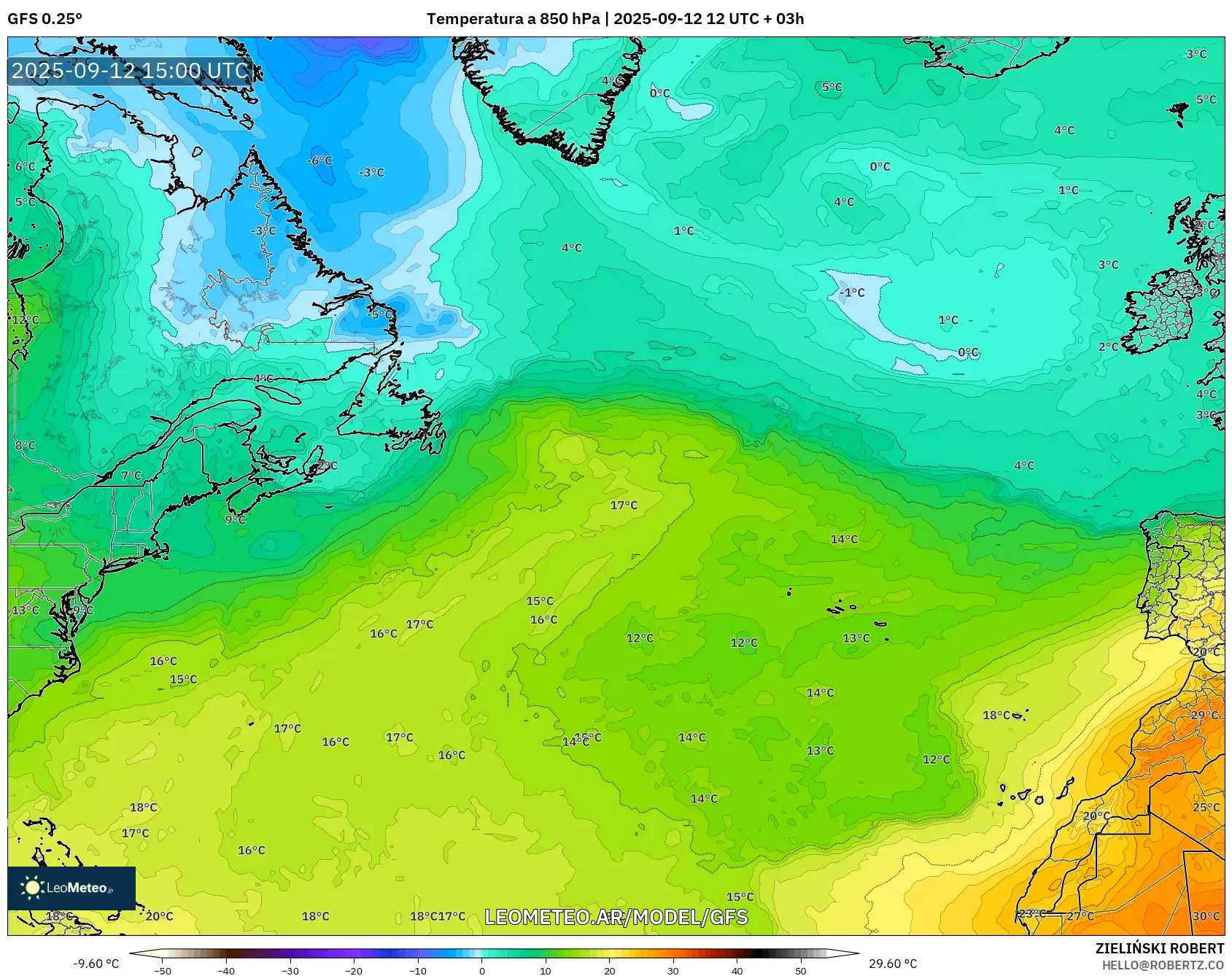 GFS model - Norte Atlántico, Temperatura a 850 hPa GFS model - Norte Atlántico, Temperatura a 850 hPa