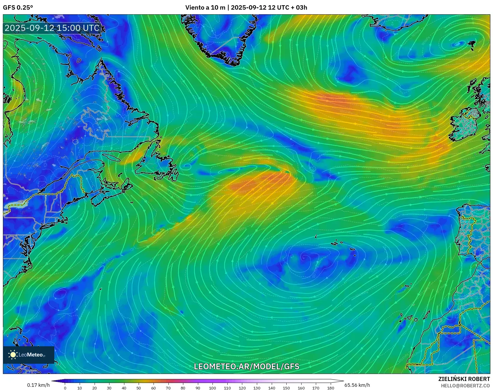 GFS model - Norte Atlántico, Viento a 10 m