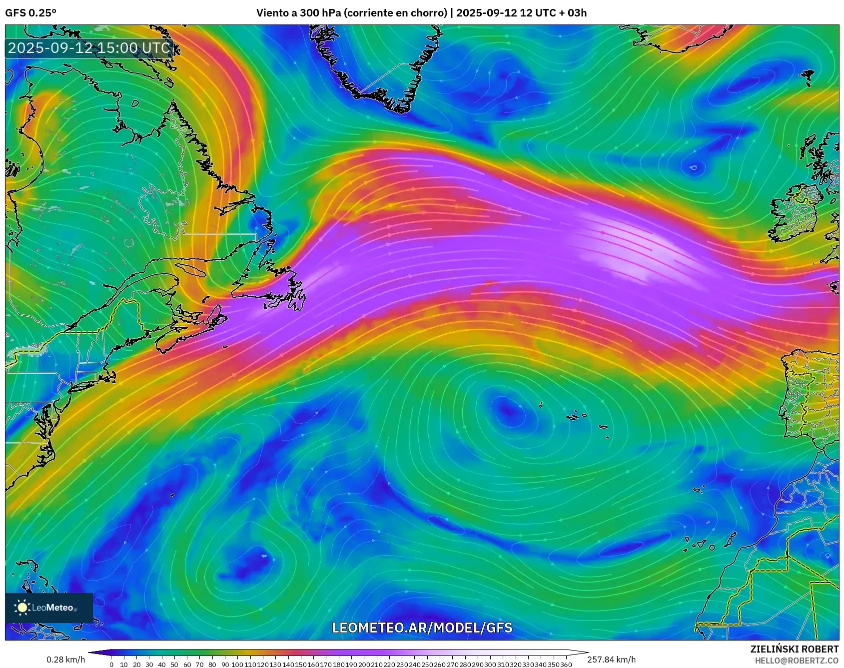 GFS model - Norte Atlántico, Viento a 300 hPa (corriente en chorro)