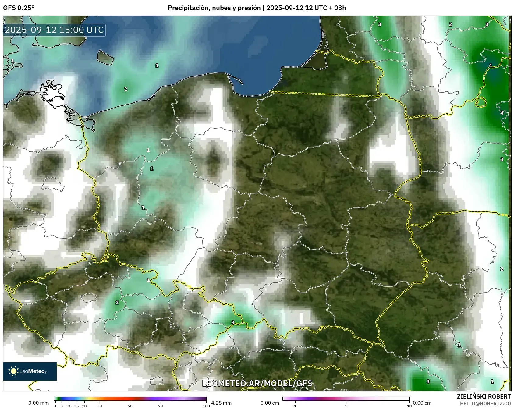 GFS model - Polonia, Precipitación, nubes y presión