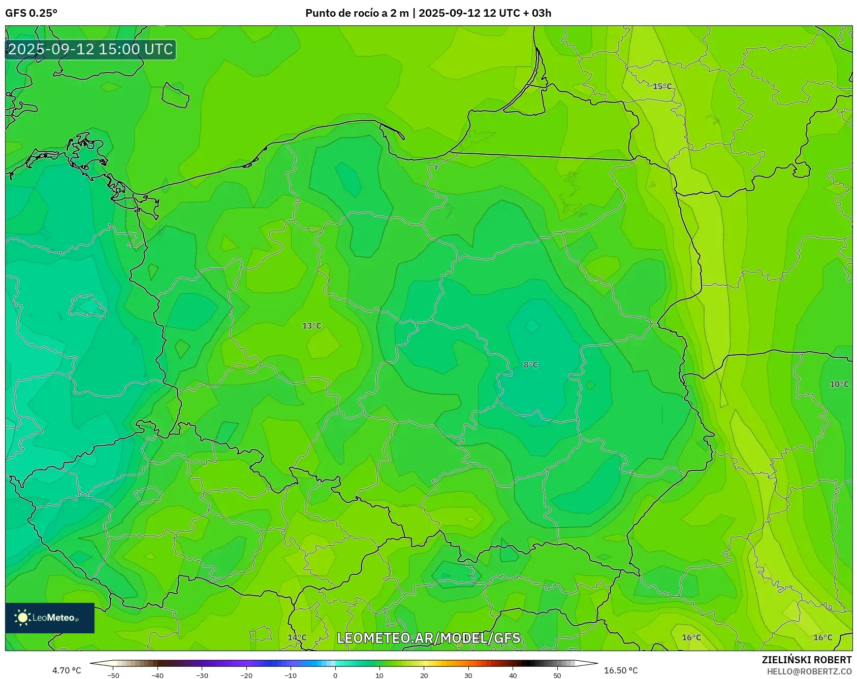 GFS model - Polonia, Punto de rocío a 2 m GFS model - Polonia, Punto de rocío a 2 m