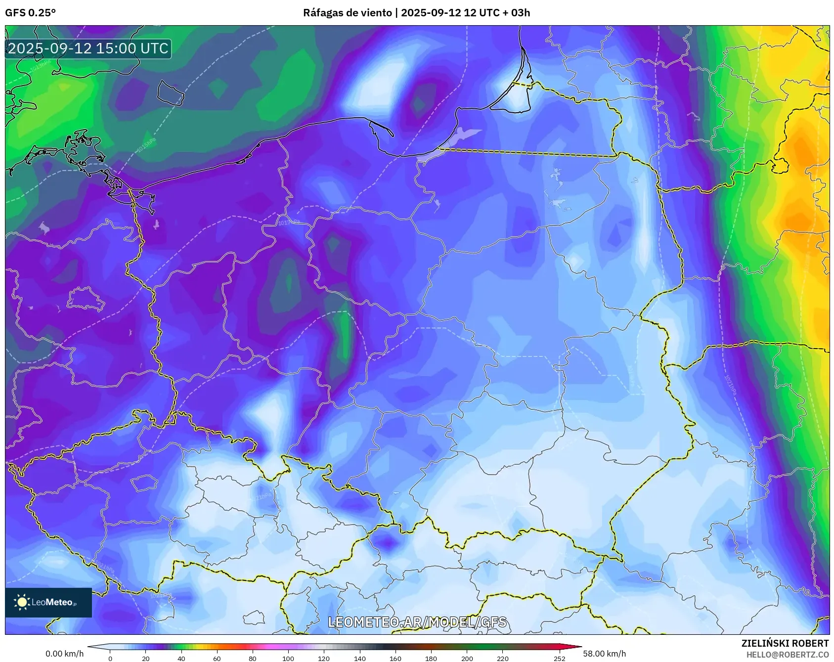 GFS model - Polonia, Ráfagas de viento GFS model - Polonia, Ráfagas de viento