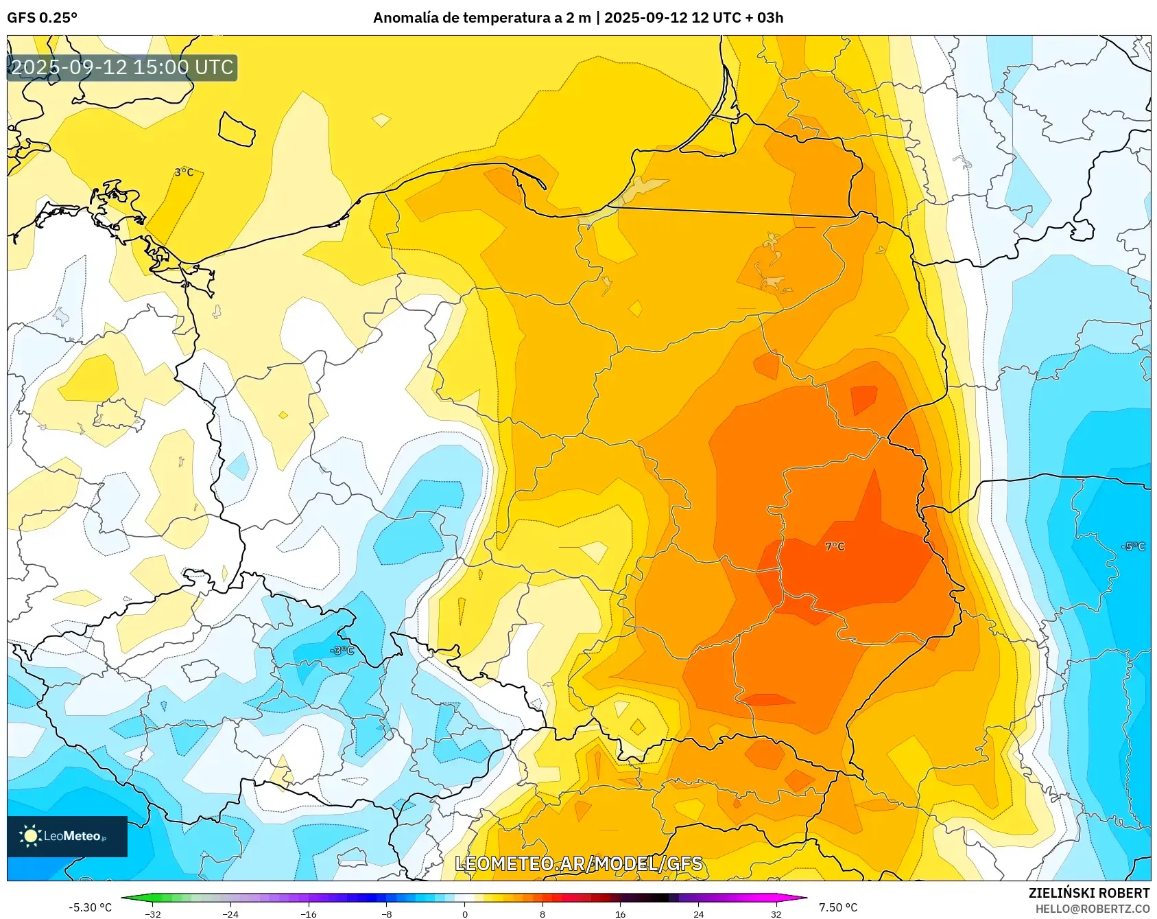 GFS model - Polonia, Anomalía de temperatura a 2 m