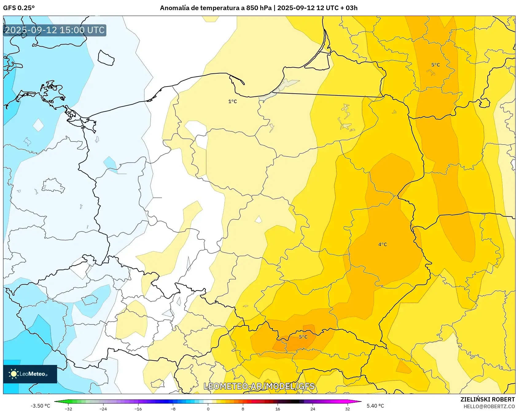 GFS model - Polonia, Anomalía de temperatura a 850 hPa GFS model - Polonia, Anomalía de temperatura a 850 hPa