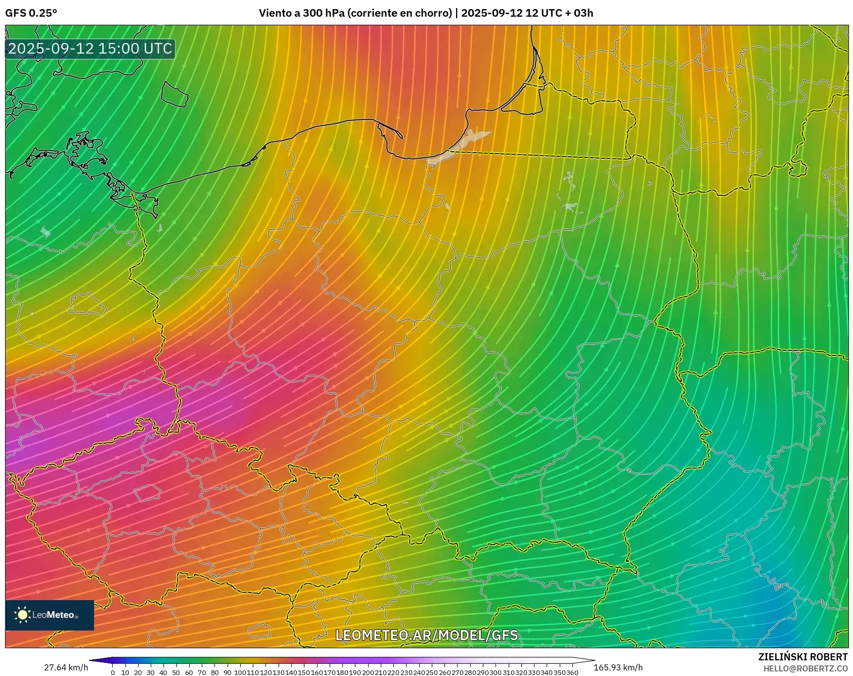 GFS model - Polonia, Viento a 300 hPa (corriente en chorro)