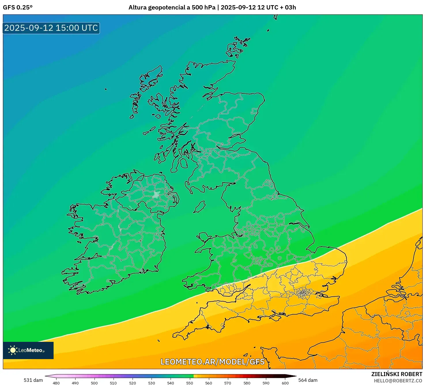 GFS model - Reino Unido, Altura geopotencial a 500 hPa