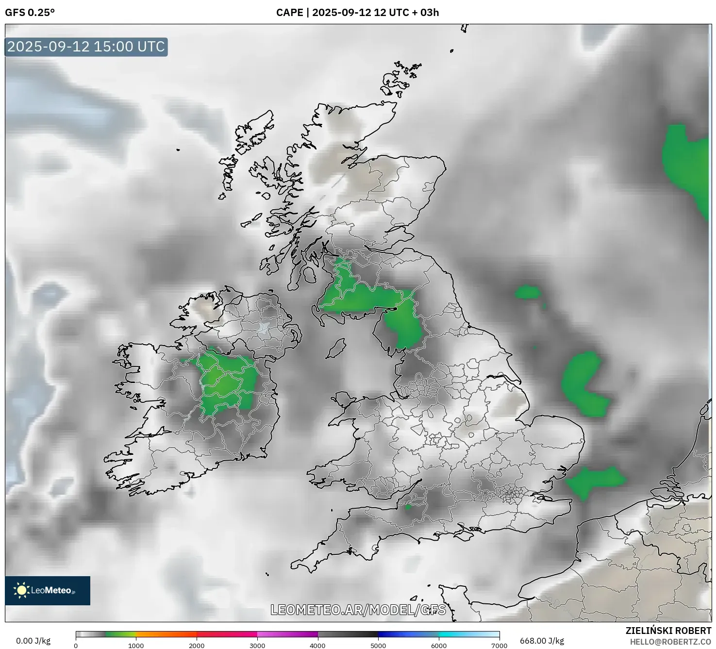 GFS model - Reino Unido, CAPE GFS model - Reino Unido, CAPE