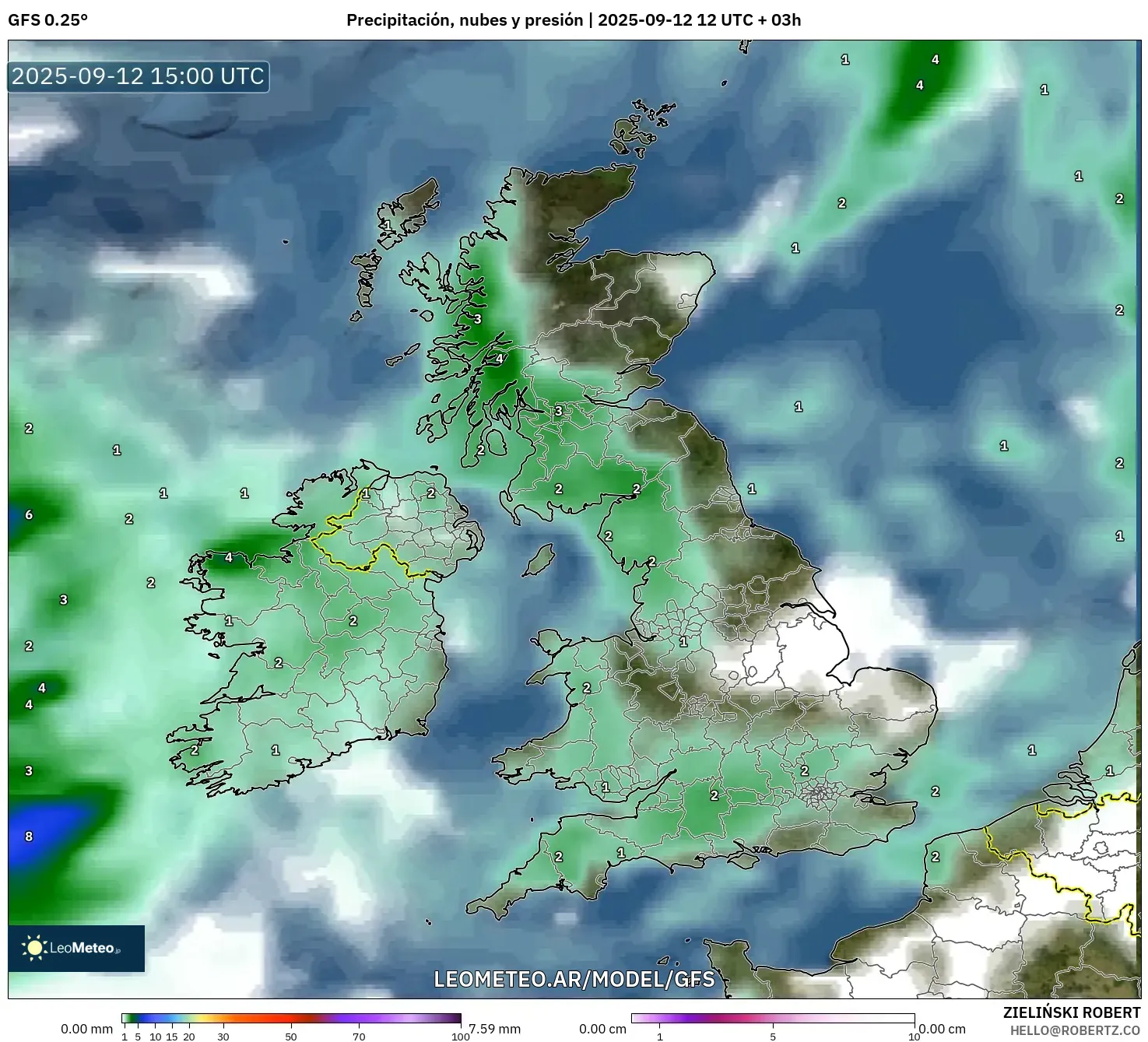 GFS model - Reino Unido, Precipitación, nubes y presión GFS model - Reino Unido, Precipitación, nubes y presión