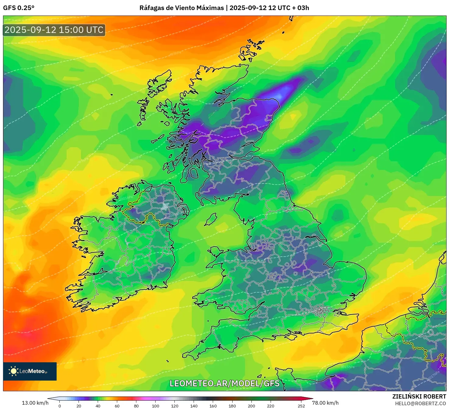 GFS model - Reino Unido, Ráfagas de Viento Máximas