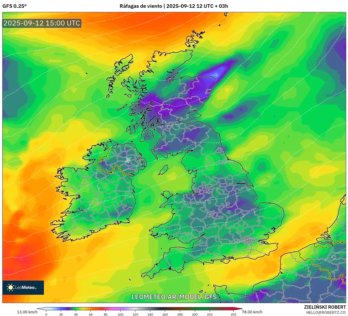 GFS model - Reino Unido, Ráfagas de viento