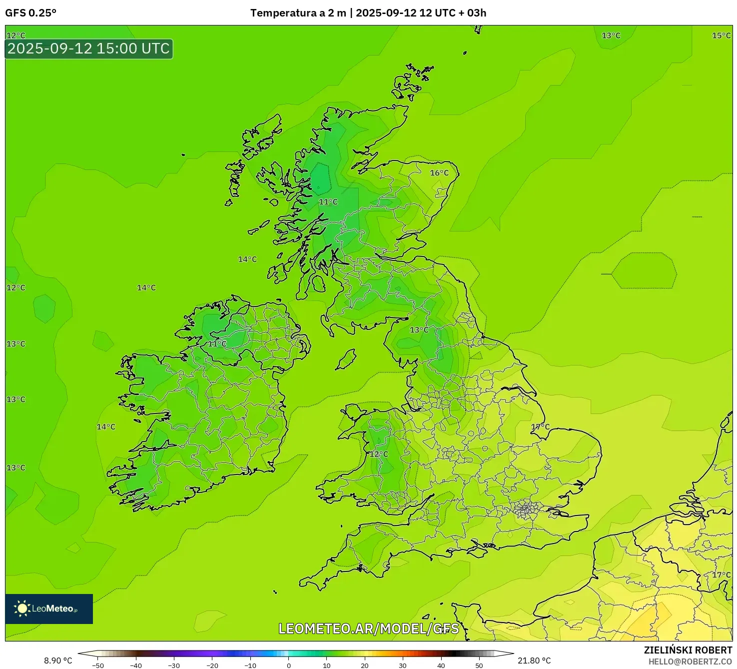 GFS model - Reino Unido, Temperatura a 2 m GFS model - Reino Unido, Temperatura a 2 m