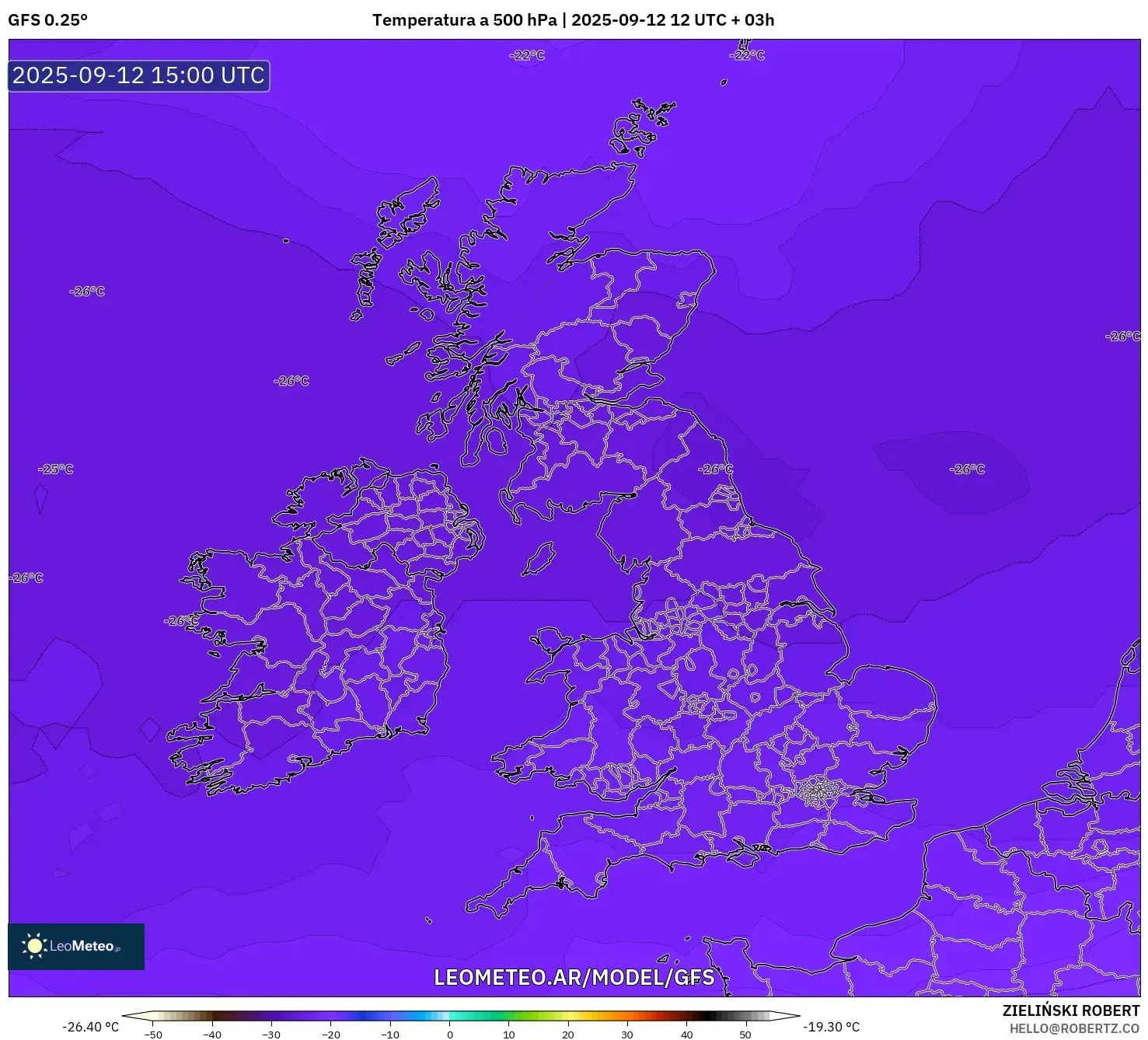 GFS model - Reino Unido, Temperatura a 500 hPa