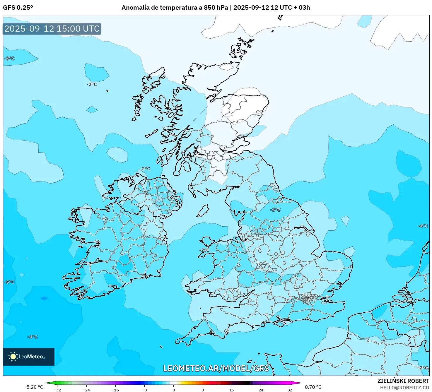 GFS model - Reino Unido, Anomalía de temperatura a 850 hPa GFS model - Reino Unido, Anomalía de temperatura a 850 hPa
