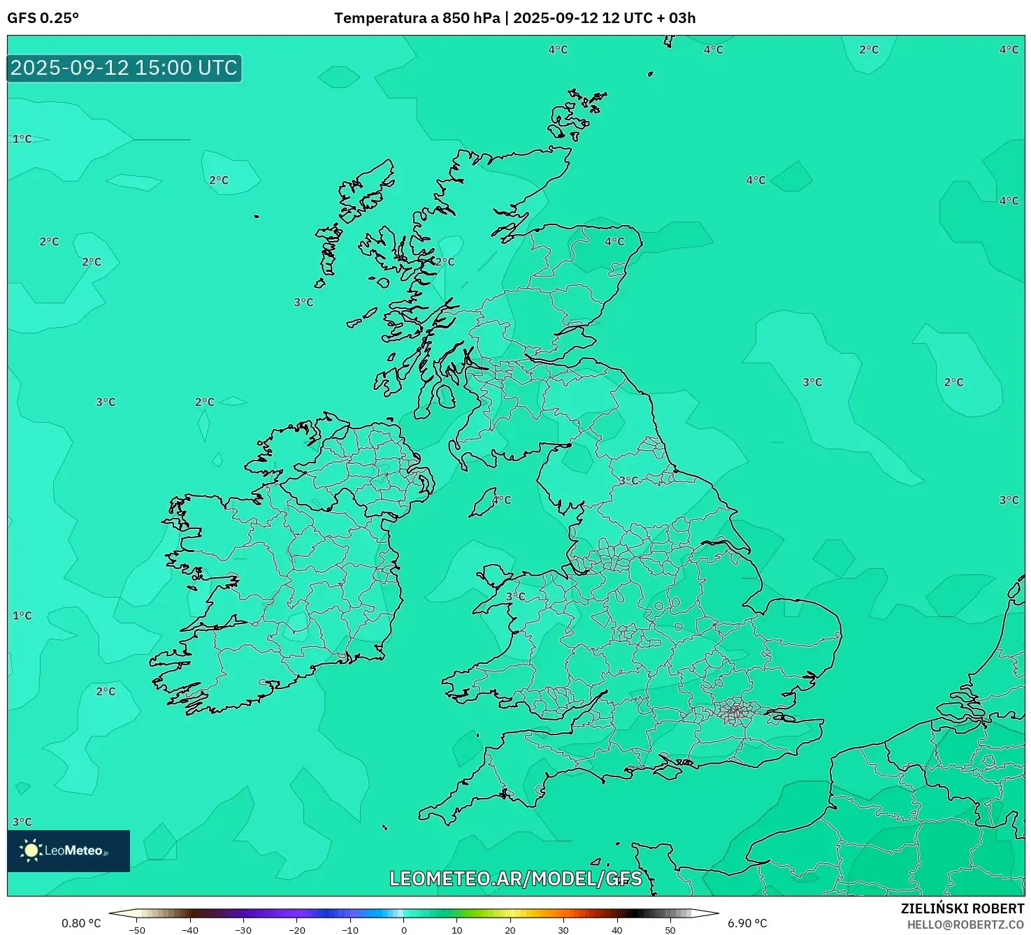 GFS model - Reino Unido, Temperatura a 850 hPa