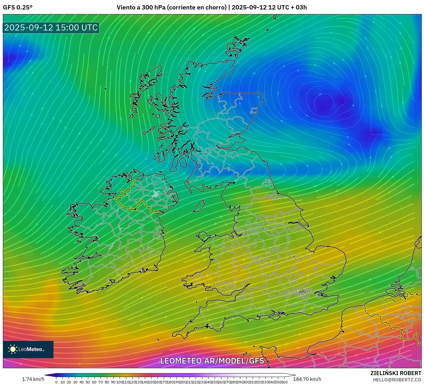 GFS model - Reino Unido, Viento a 300 hPa (corriente en chorro)