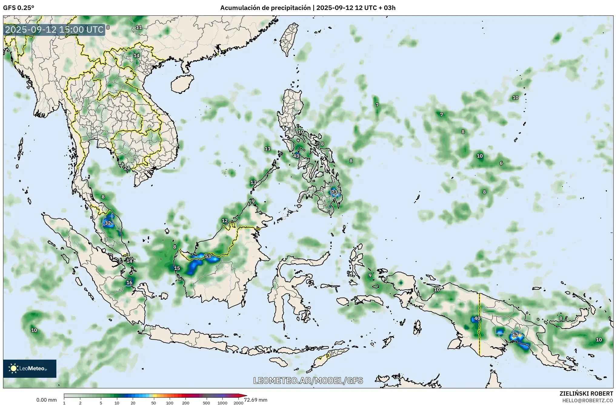 GFS model - Sudeste Asiático, Acumulación de precipitación GFS model - Sudeste Asiático, Acumulación de precipitación