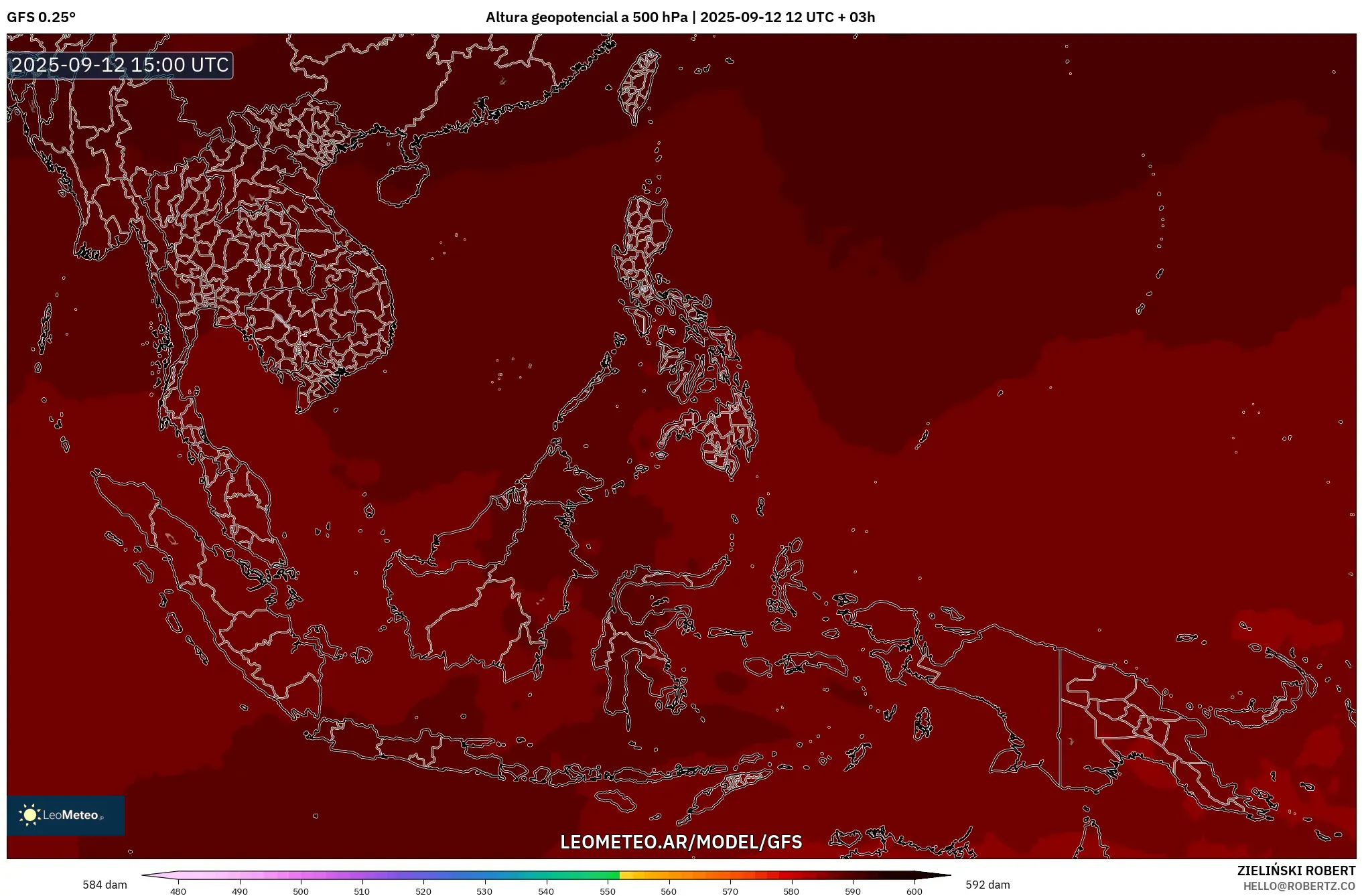 GFS model - Sudeste Asiático, Altura geopotencial a 500 hPa GFS model - Sudeste Asiático, Altura geopotencial a 500 hPa