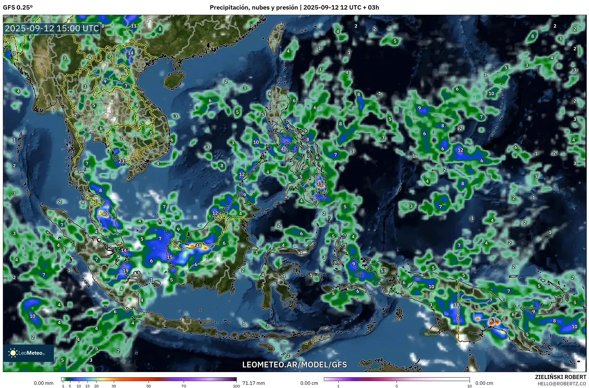 GFS model - Sudeste Asiático, Precipitación, nubes y presión GFS model - Sudeste Asiático, Precipitación, nubes y presión